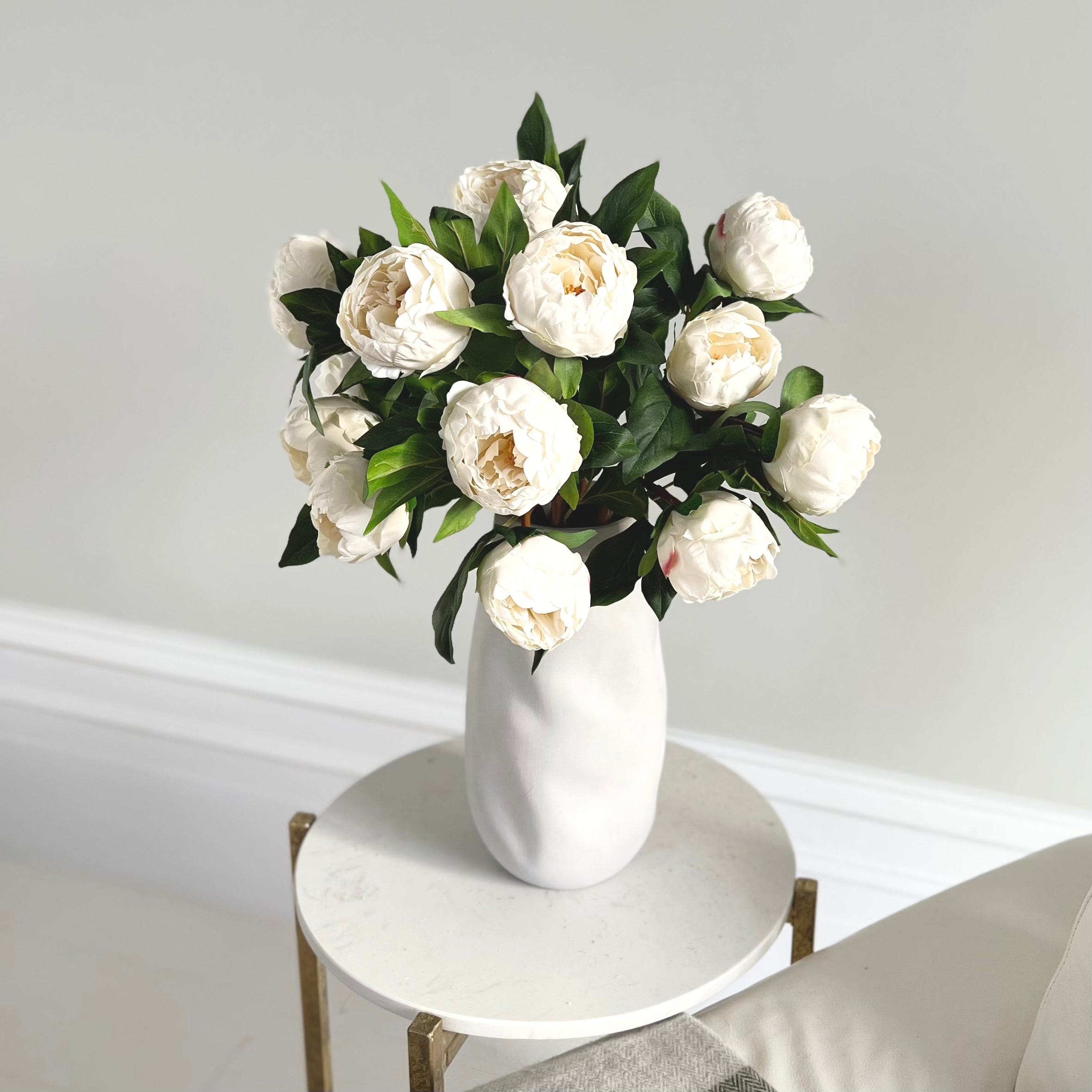 Luxury Realistic Artificial Fabric Silk White Two Bloom Real Touch Peony Buy Online from The Faux Flower Company | 7 stems of White Real Touch Peony ABZ9148WH styled in Naunton Vase ABP525B