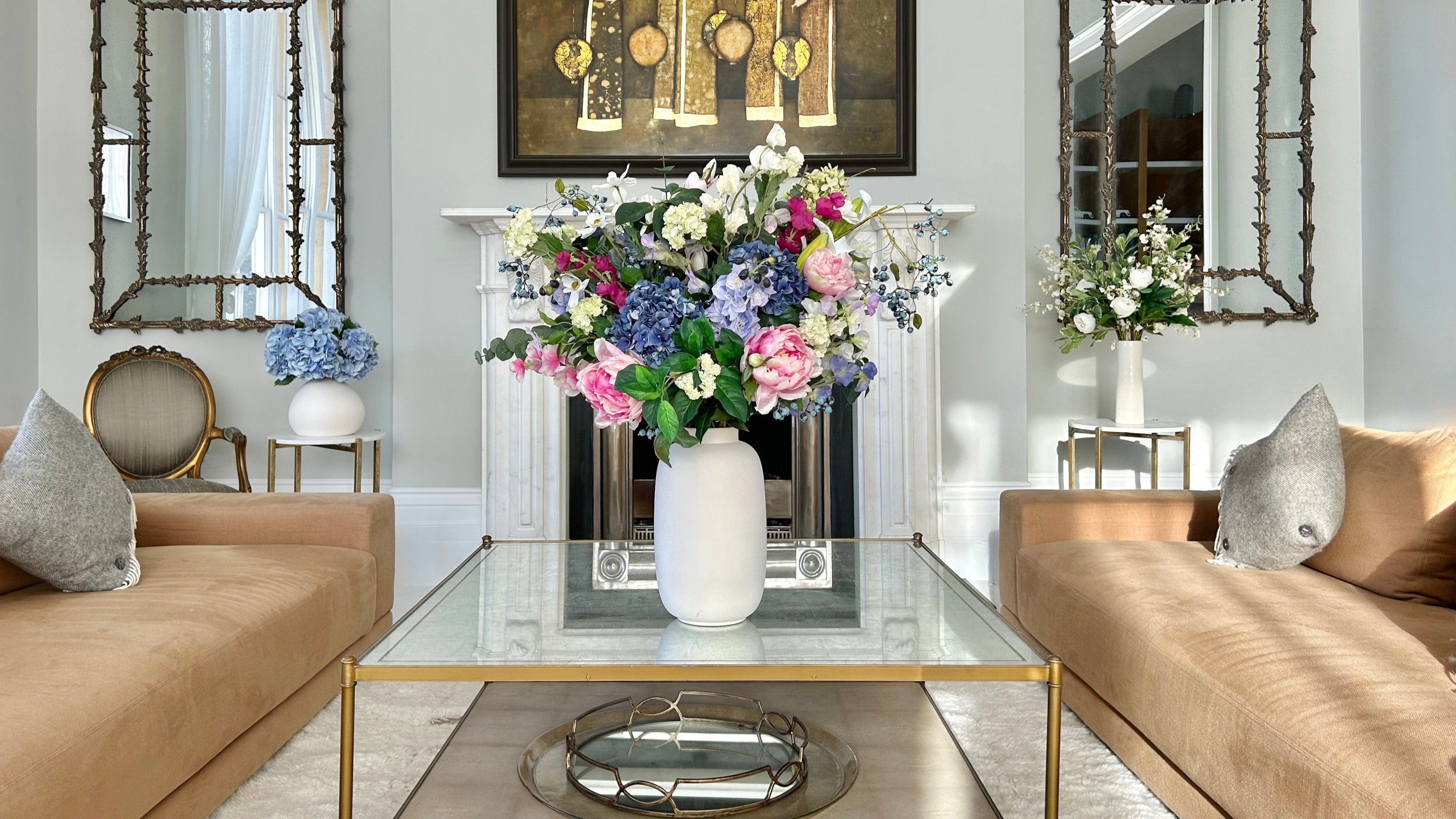 Artificial Flowers Luxury Lifelike Faux Summer Flowers Realistic Silk In Ceramic Vase_7796