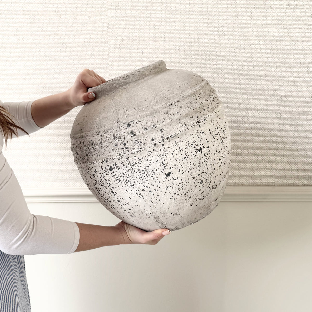 Large Pale Grey Distressed Stone Vase