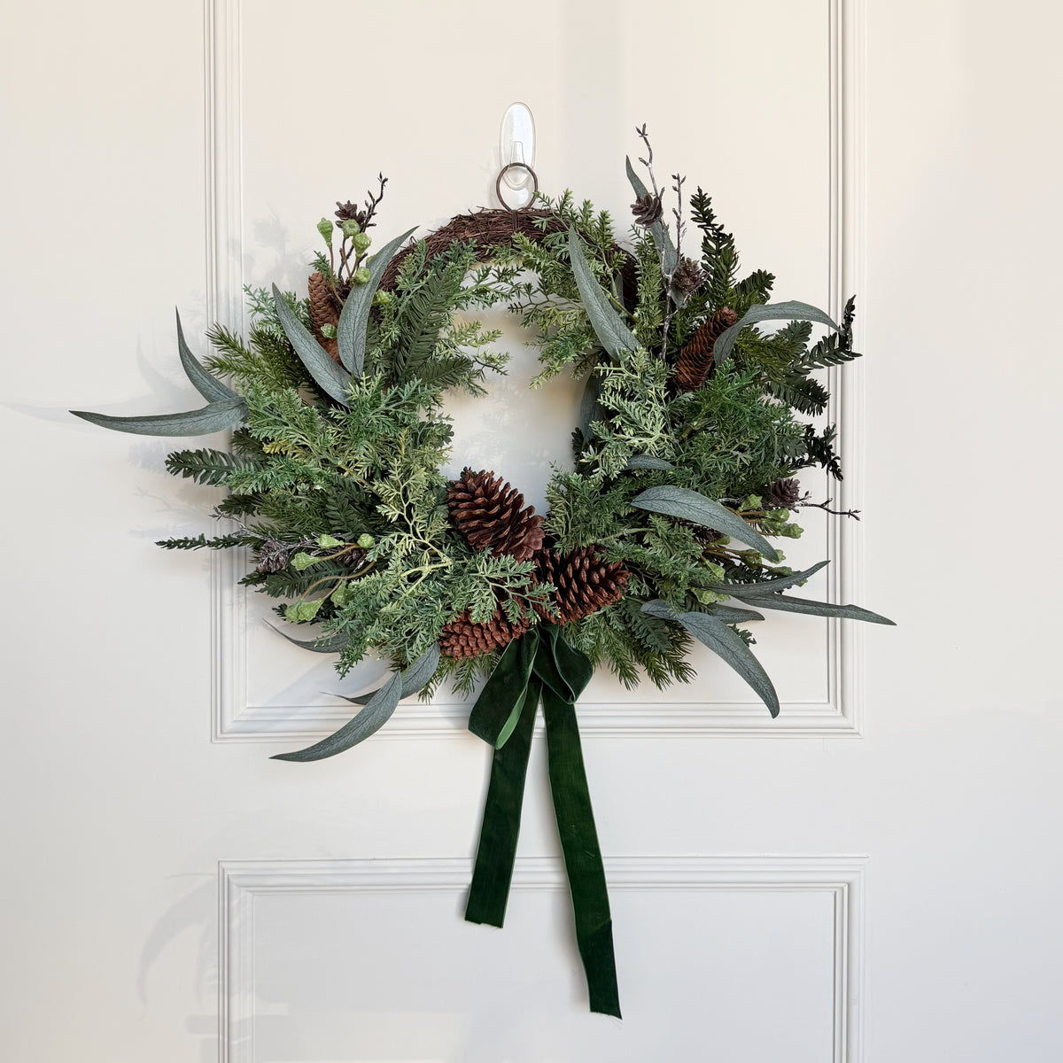 Artificial Large Woodland Pine Wreath With Green Velvet Bow