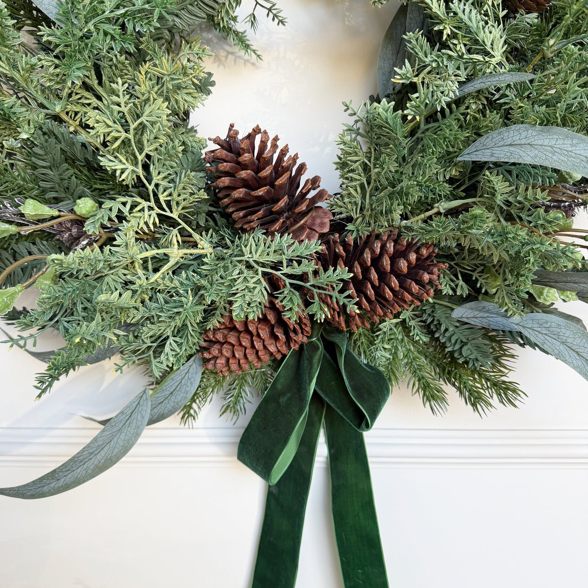 Artificial Large Woodland Pine Wreath With Green Velvet Bow