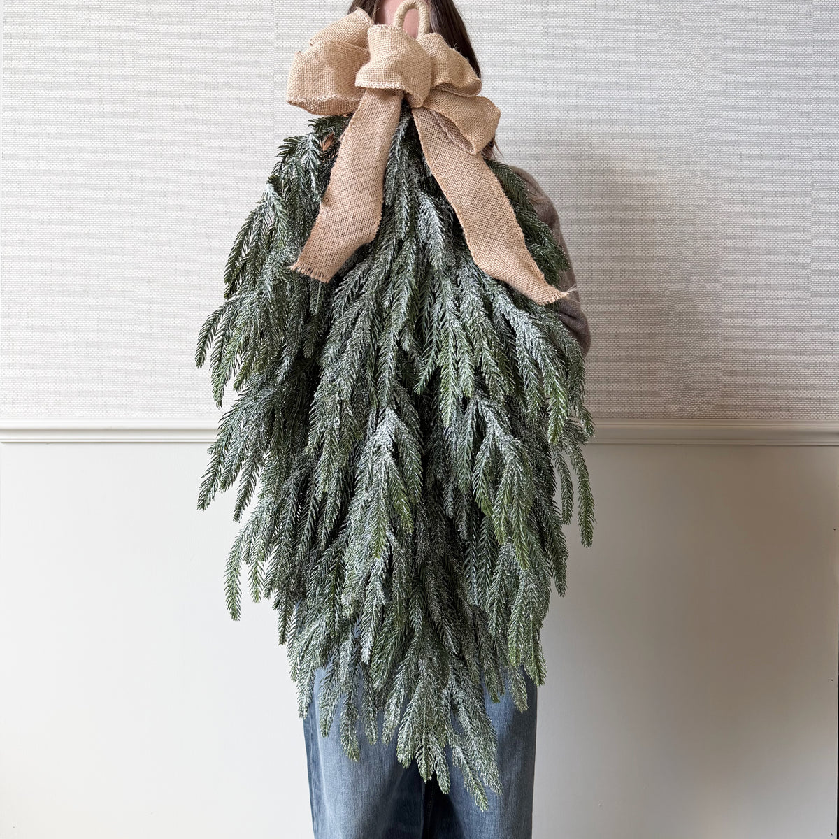 Artificial Extra Large Frosted Fir Swag With Rustic Bow