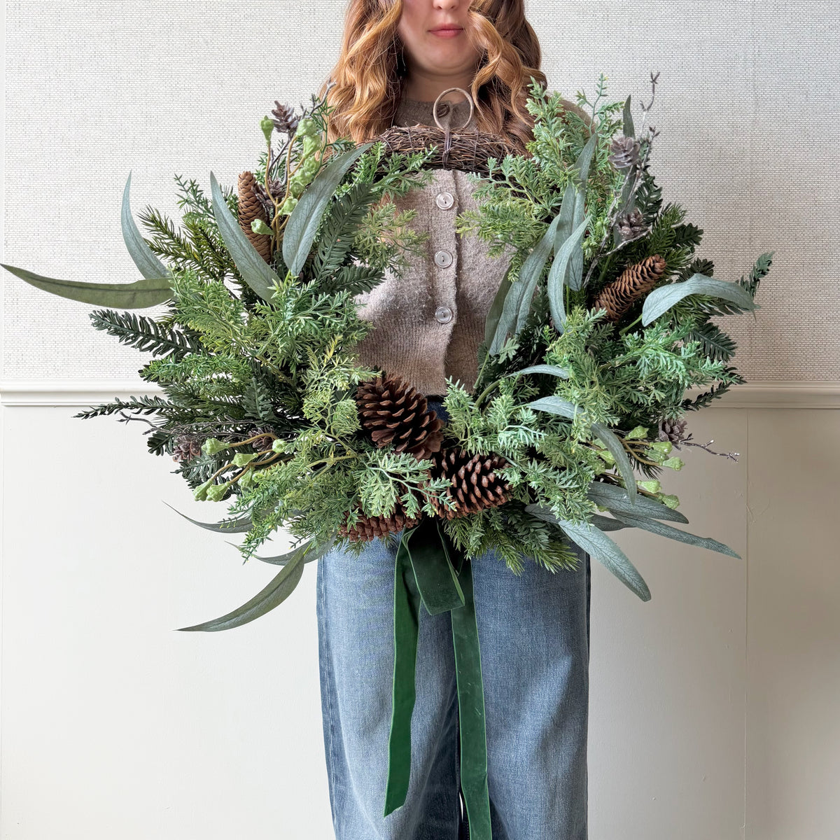 Artificial Large Woodland Pine Wreath With Green Velvet Bow