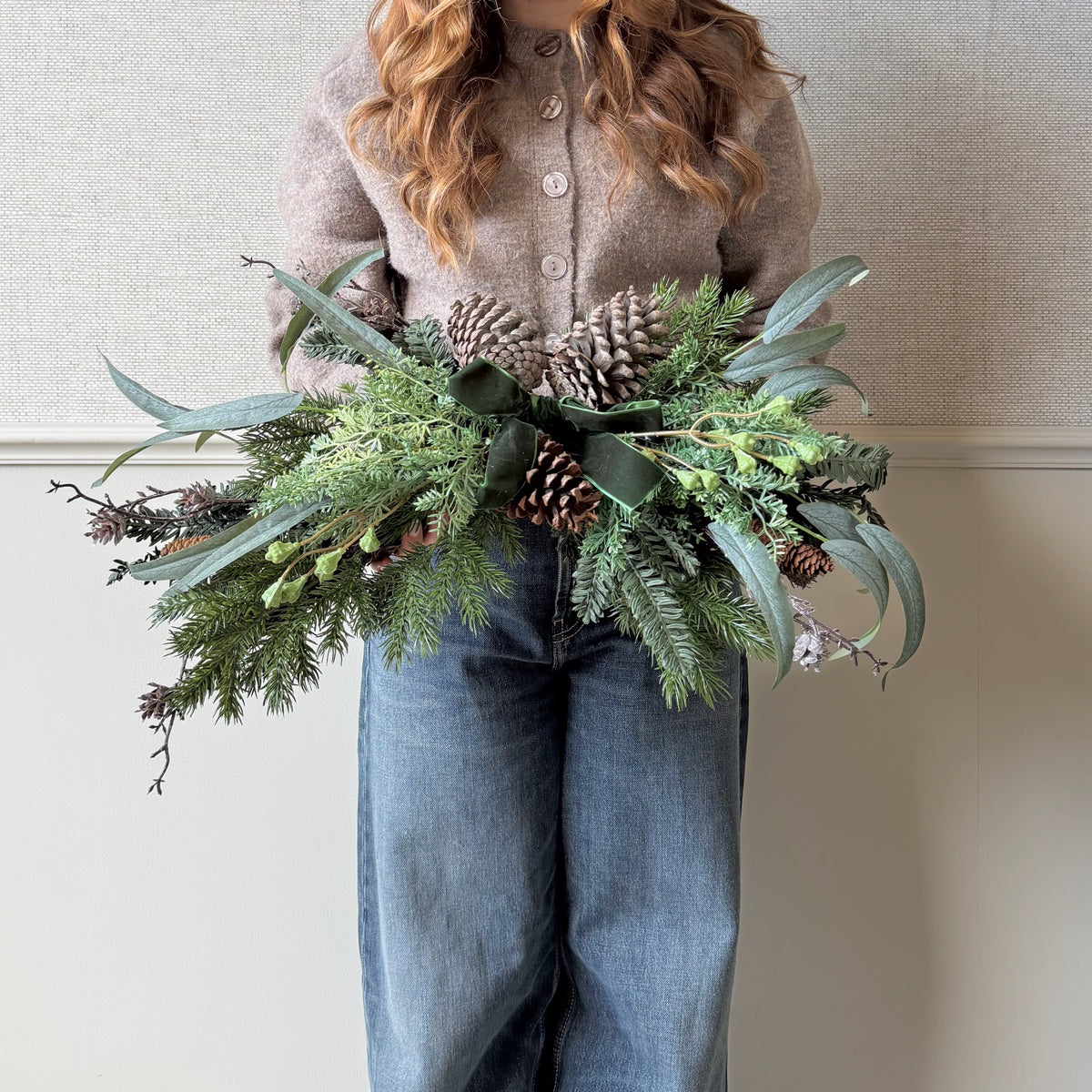 Artificial Woodland Pine Swag With Green Velvet Bow