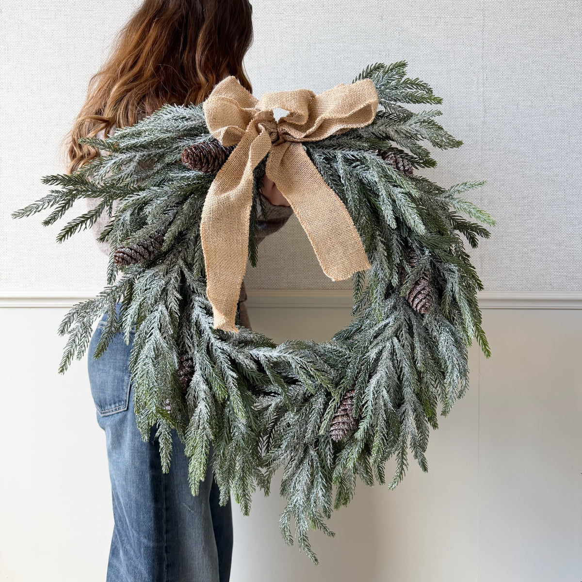 Artificial Large Frosted Fir Wreath With Rustic Bow