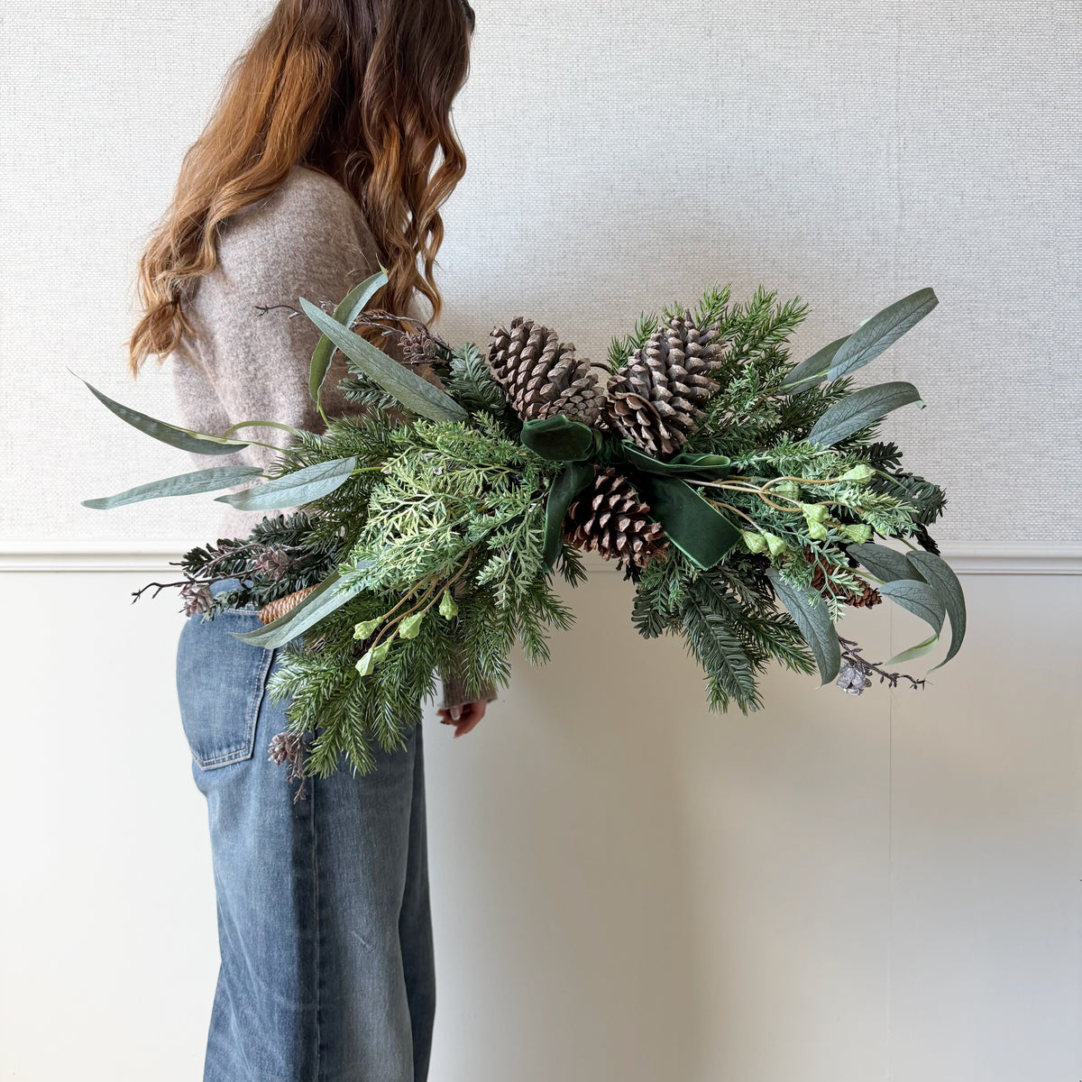 Artificial Woodland Pine Swag With Green Velvet Bow