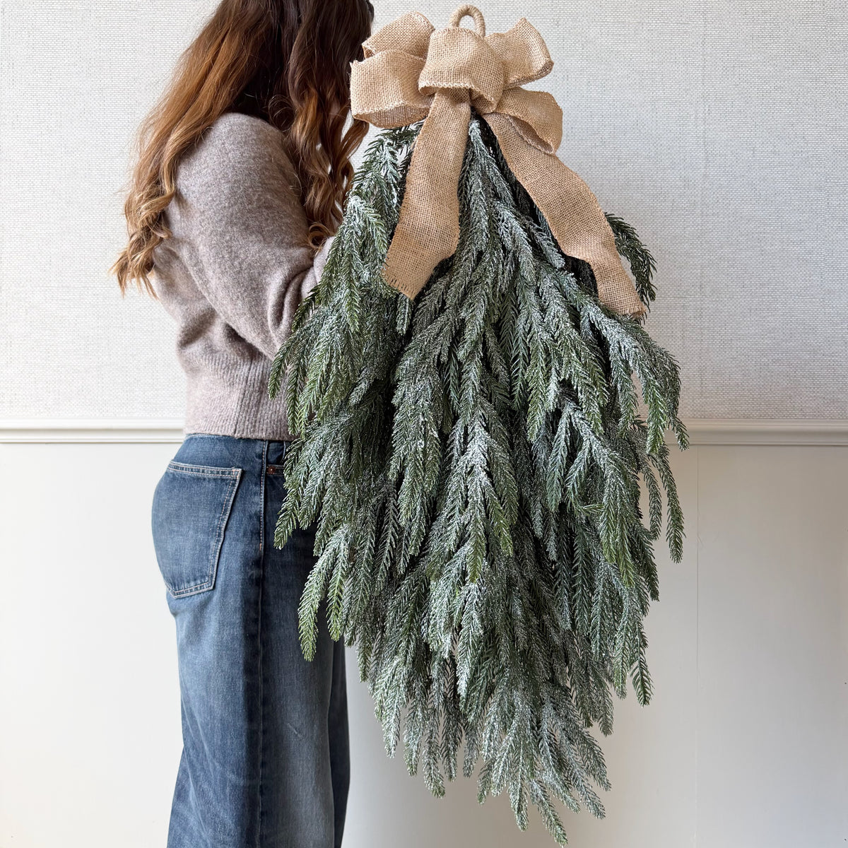 Artificial Extra Large Frosted Fir Swag With Rustic Bow