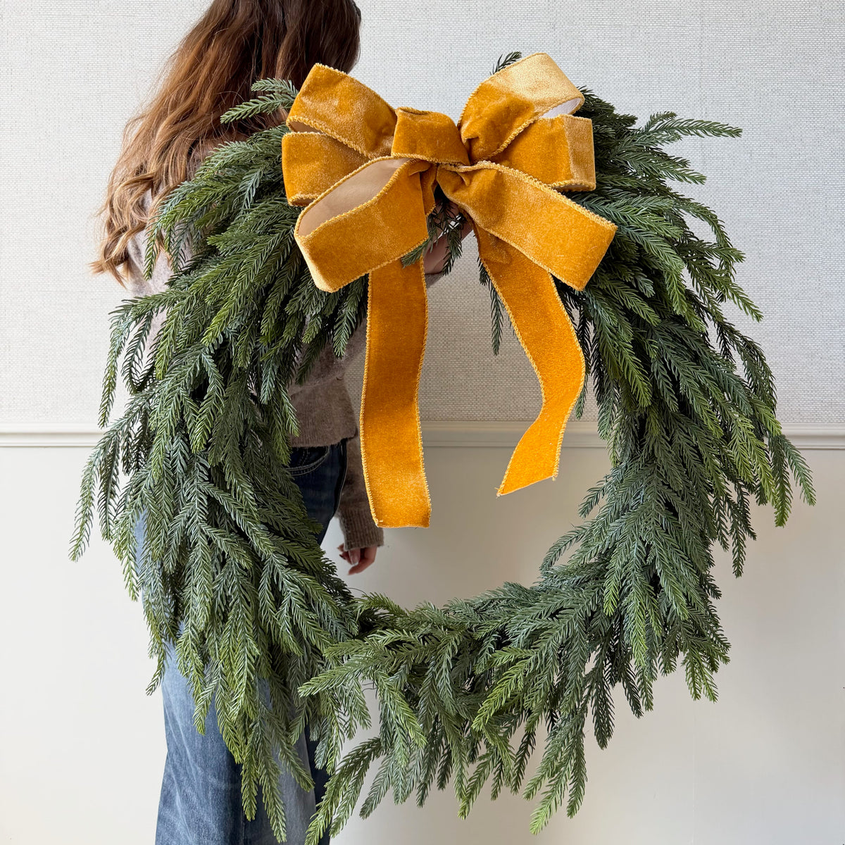 Realistic Artificial Extra Large Fir Wreath With Velvet Ochre Bow AHCH-3168 by The Faux Flower Company