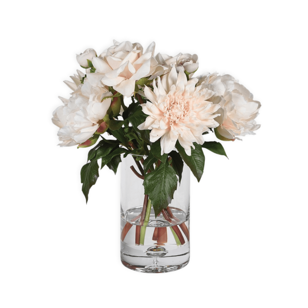 Artificial flowers luxury lifelike faux Artificial Blush Pink Rose & Dahlia Arrangement In Vase realistic silk bouquet buy online from The Faux Flower Company