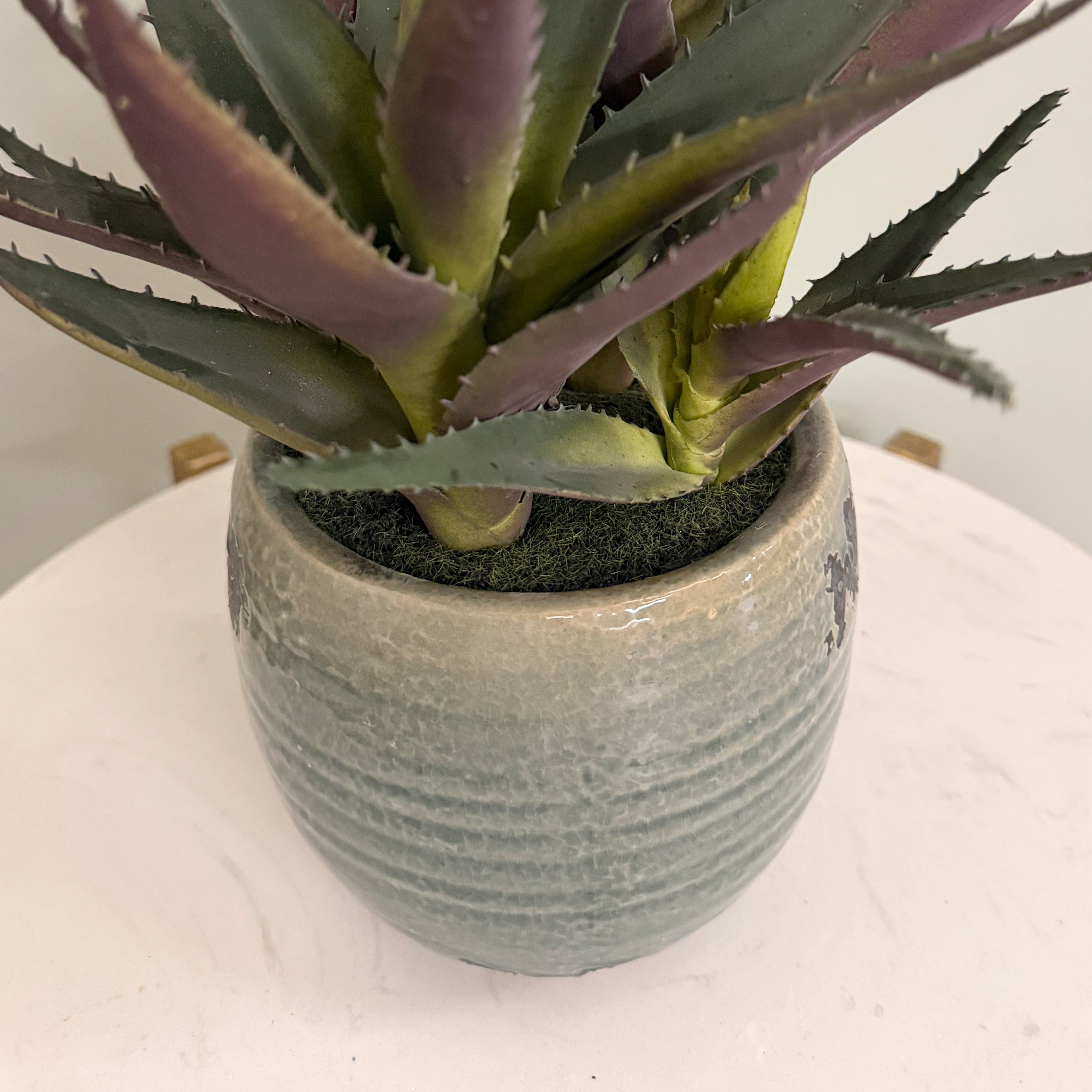 Artificial flowers luxury lifelike faux Artificial Green and Purple Aloe Vera in Blue Clay Pot realistic silk buy online from The Faux Flower Company AHCH-1906