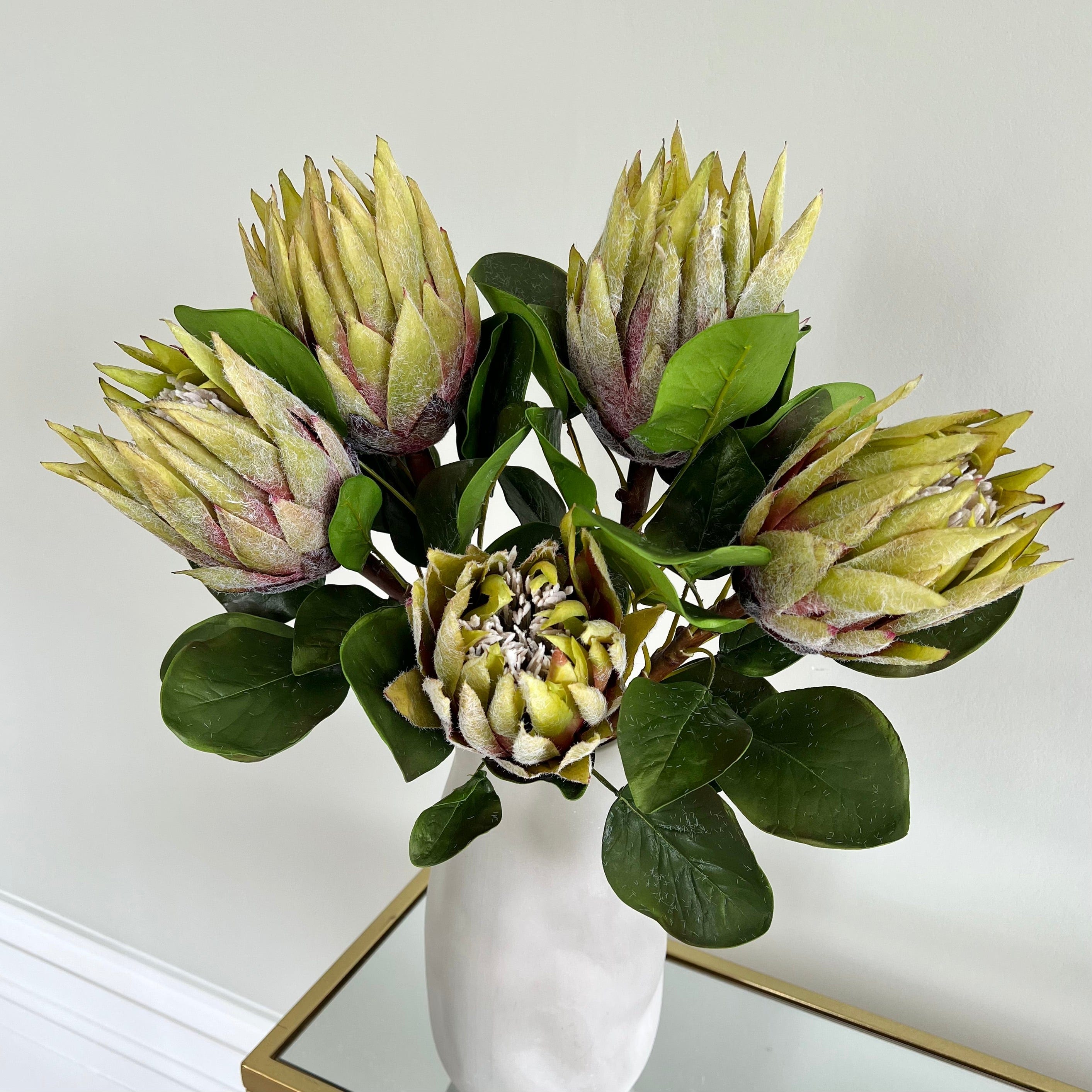 Artificial flowers luxury lifelike faux Artificial Green King Protea realistic silk single stems buy online from The Faux Flower Company