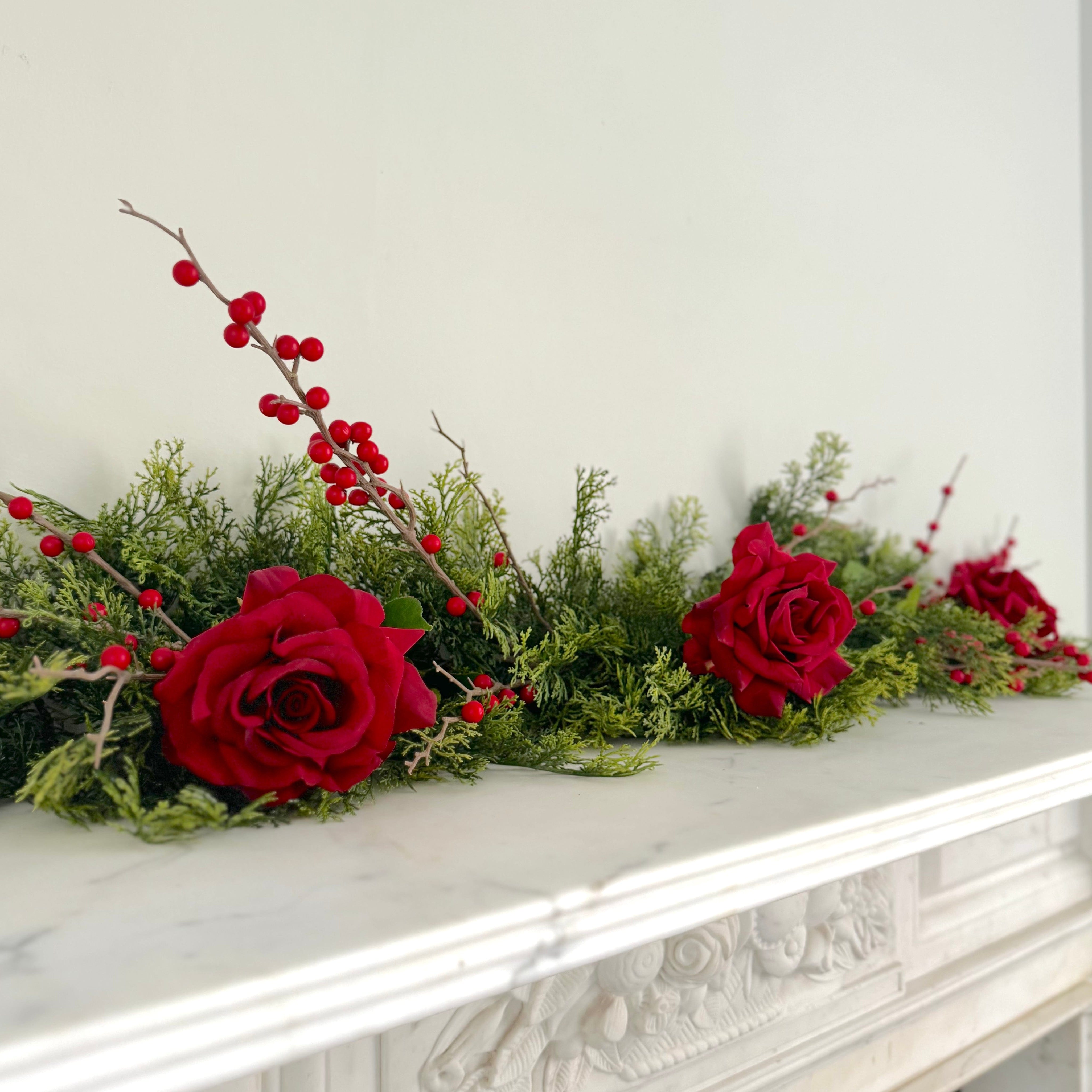 Artificial flowers luxury lifelike faux Artificial Red Cypress Bush Garland Set - Large realistic silk Bundle buy online from The Faux Flower Company GARLAND RED/LARGE