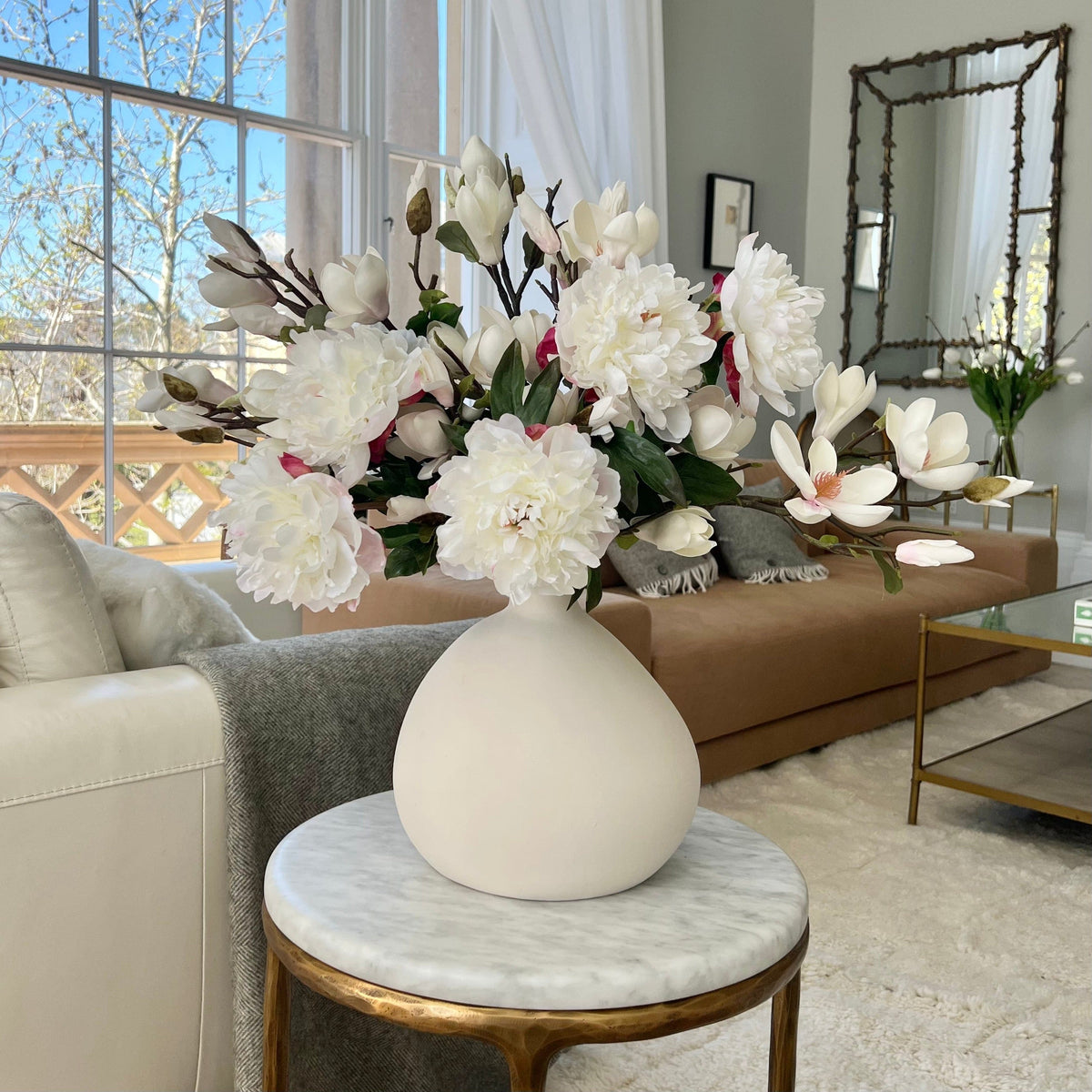 Realistic White Peony and Magnolia Bouquet & Burford Vase Set ABY4046WH-5 + ABY7098WH-5 + ABP1747 by The Faux Flower Company
