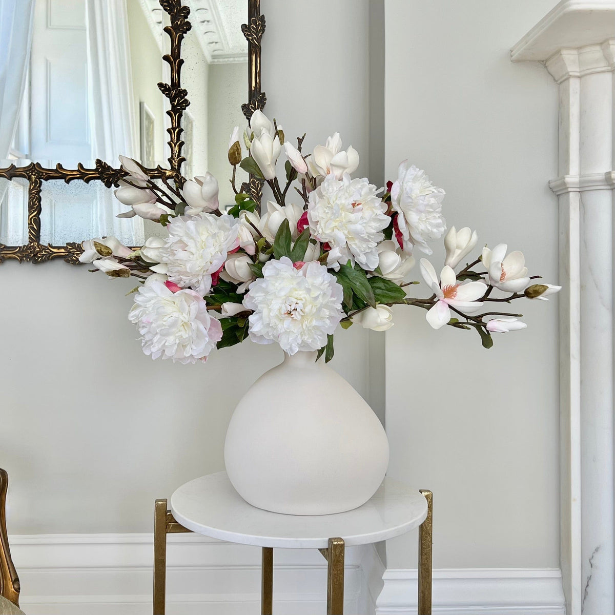 Realistic White Peony and Magnolia Bouquet & Burford Vase Set ABY4046WH-5 + ABY7098WH-5 + ABP1747 by The Faux Flower Company