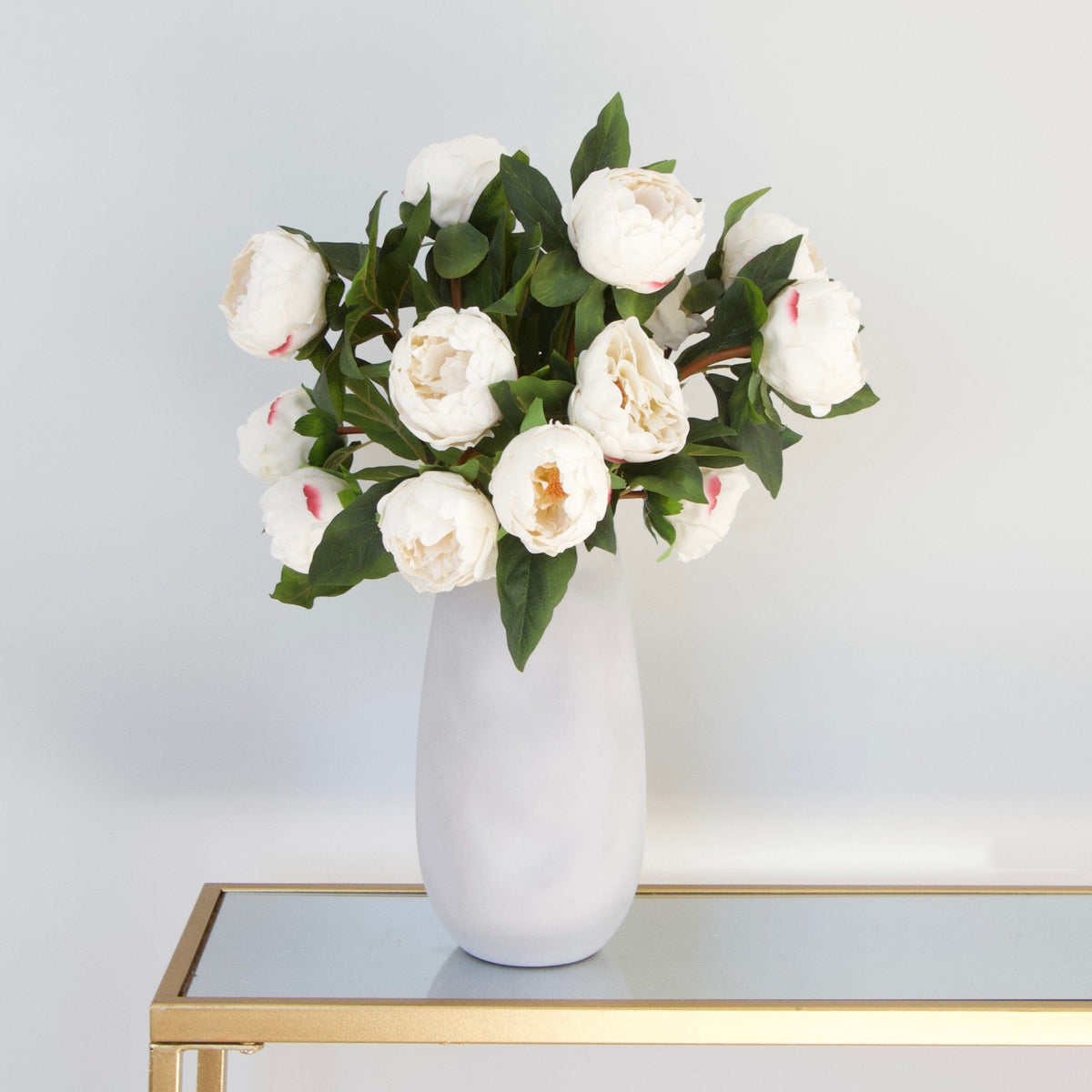 Realistic White Real Touch Peony Bouquet & Naunton Vase Set ABZ9148WH-7 + ABP525B by The Faux Flower Company