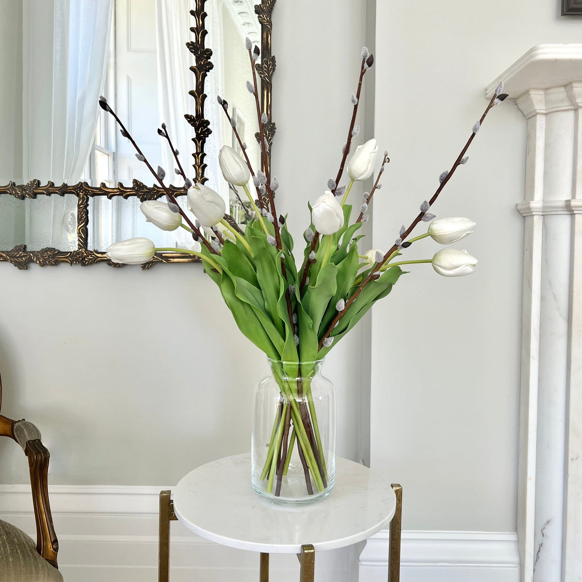Realistic White Tulip and Pussy Willow Bouquet & Clear Funnel Neck Vase Set ABY5657WH-10 + ABZ5173BR-7 + ABV2252 by The Faux Flower Company