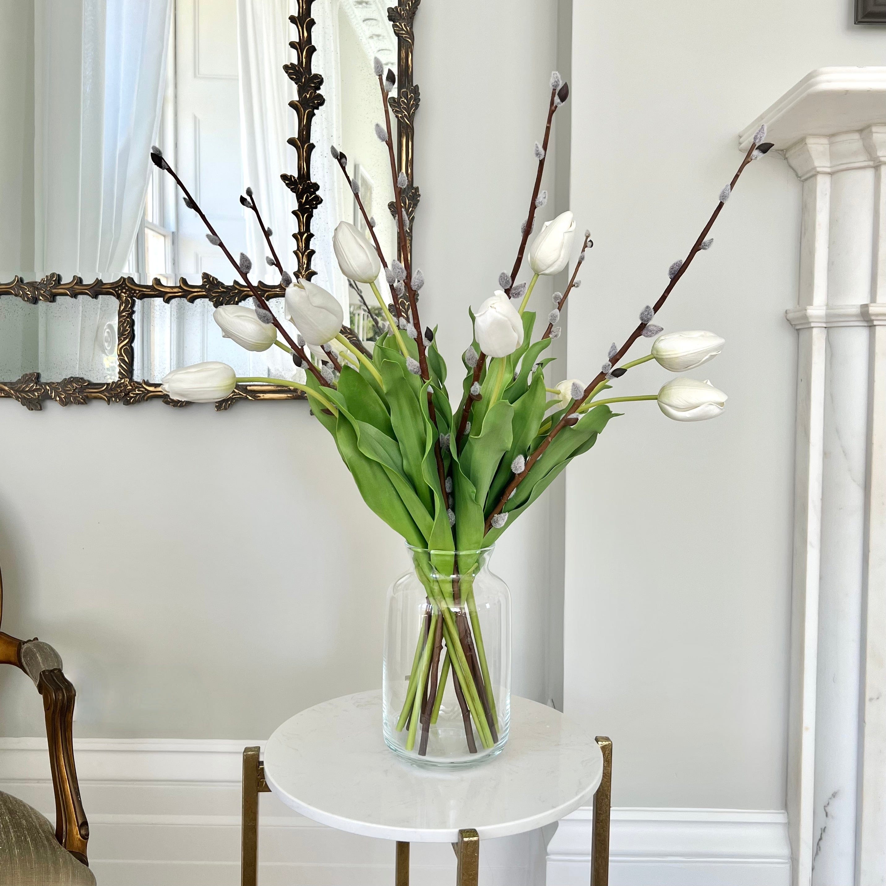 Artificial flowers luxury lifelike faux Artificial White Tulip & Pussy Willow Set realistic silk Bundle buy online from The Faux Flower Company ABY5657WH-10 + ABZ5173BR-7