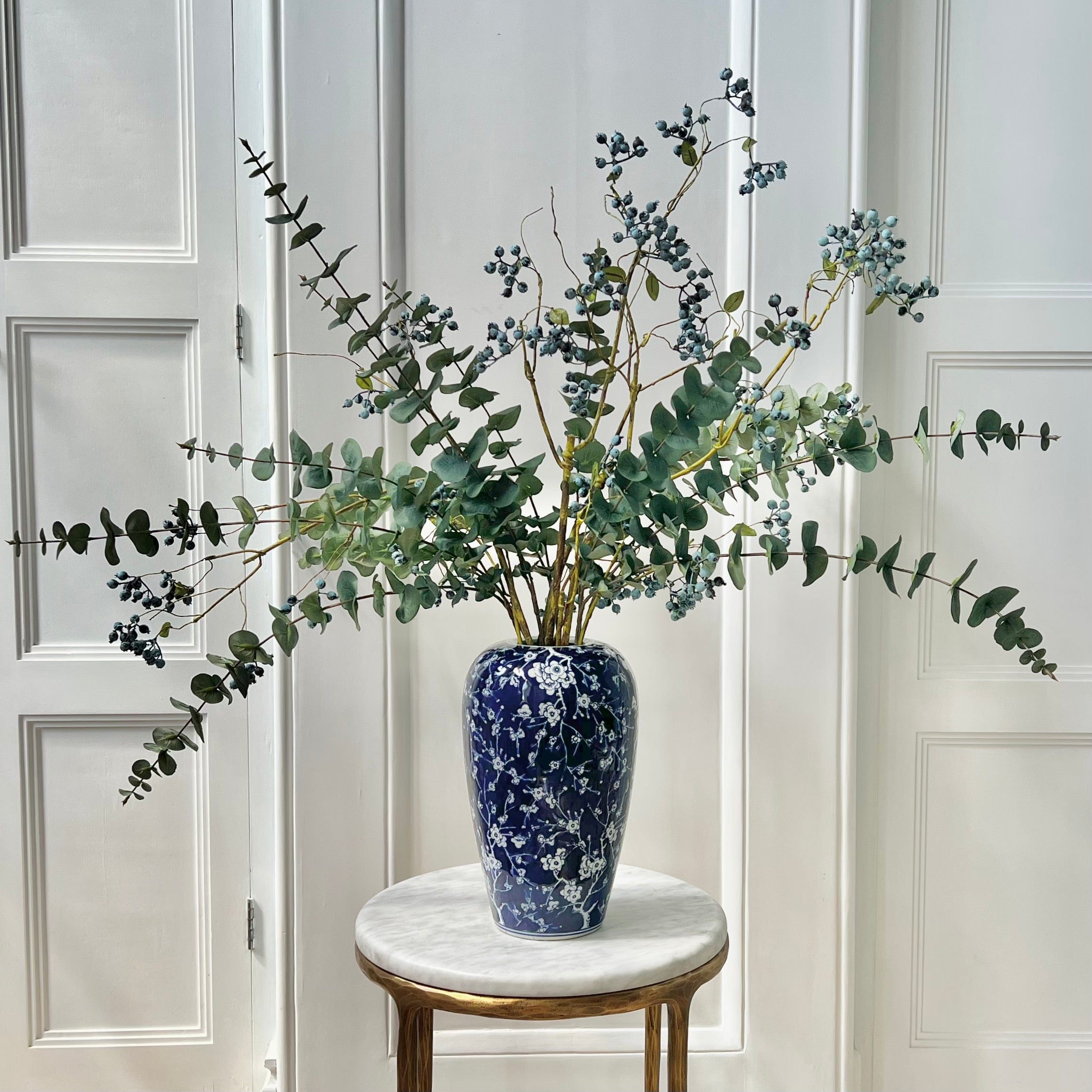 Artificial flowers luxury lifelike faux Blueberry & Eucalyptus Arrangement realistic silk bouquet buy online from The Faux Flower Company