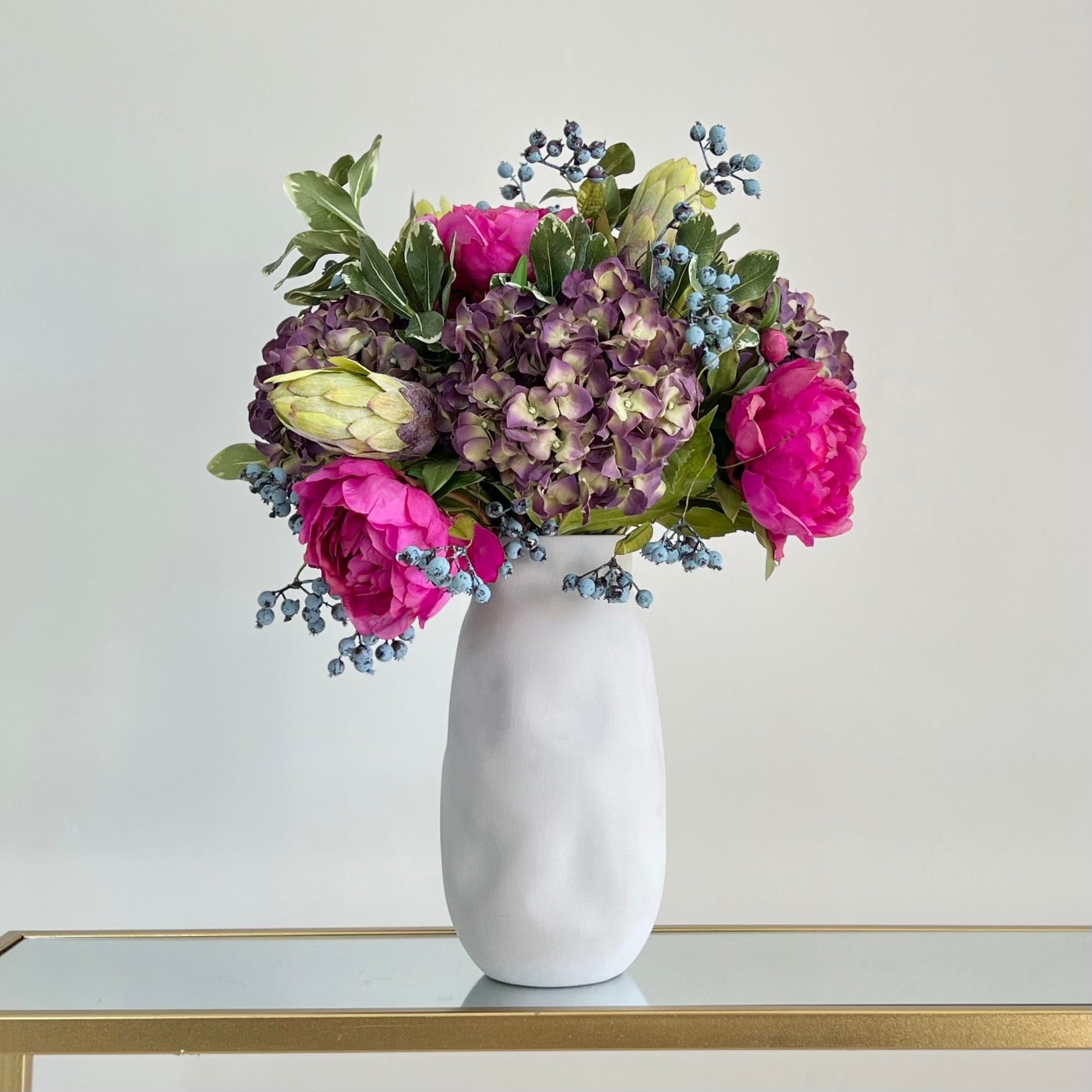 Artificial flowers luxury lifelike faux Bright Peony & Hydrangea Bouquet With Naunton Vase Set realistic silk Bundle buy online from The Faux Flower Company Bright Protea deluxe FU AR + ABP525B