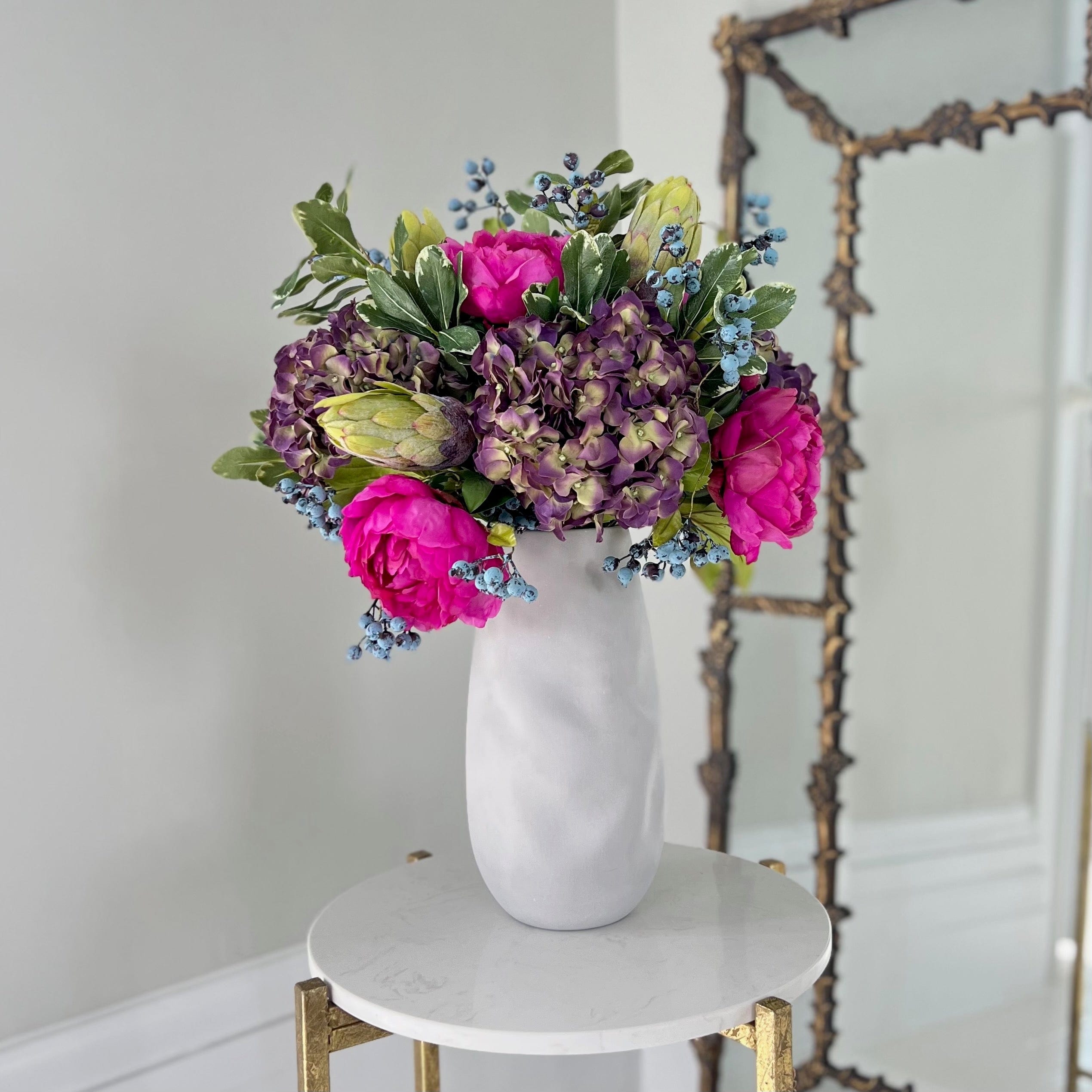 Artificial flowers luxury lifelike faux Bright Peony & Hydrangea Bouquet With Naunton Vase Set realistic silk Bundle buy online from The Faux Flower Company Bright Protea deluxe FU AR + ABP525B
