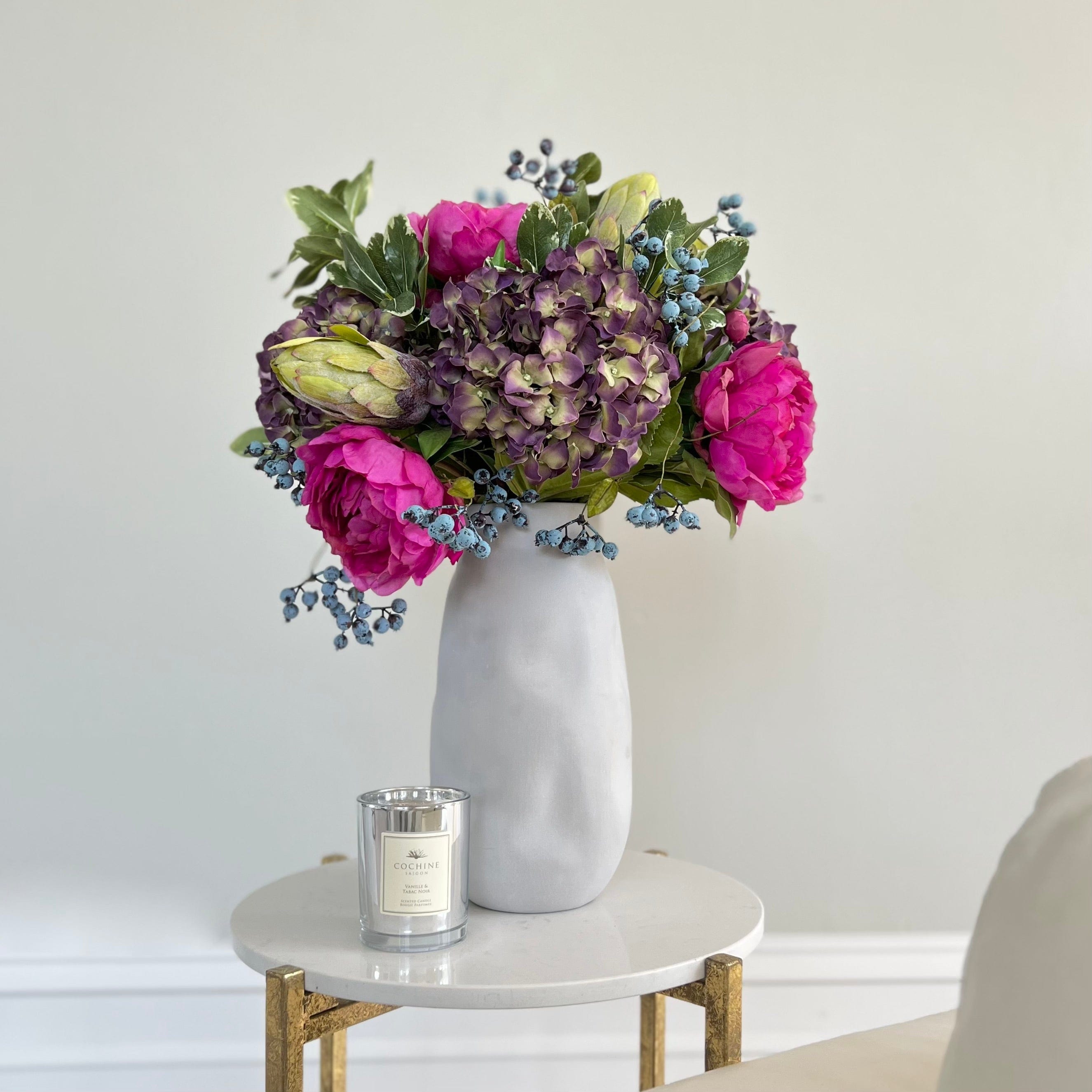 Artificial flowers luxury lifelike faux Bright Peony & Hydrangea Bouquet With Naunton Vase Set realistic silk Bundle buy online from The Faux Flower Company Bright Protea deluxe FU AR + ABP525B