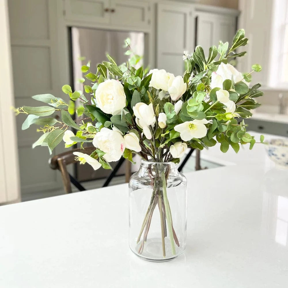 Artificial flowers luxury lifelike faux Foliage and White Flowers Arrangement With Large Clear Vase Set realistic silk Bundle buy online from The Faux Flower Company Bouquet Kit A + ABV2253