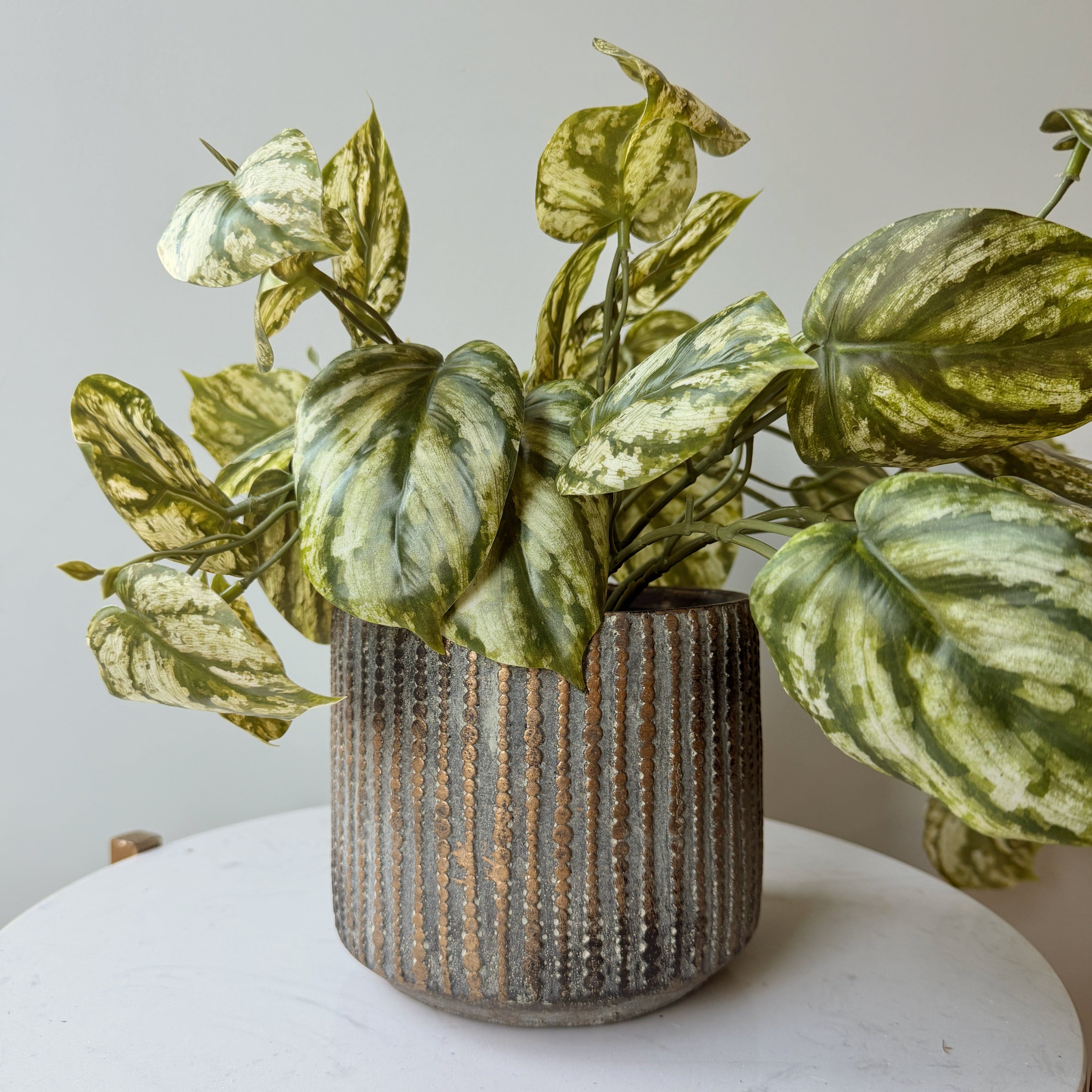 Artificial flowers luxury lifelike faux Grey & Bronze Dotted Cement Plant Pot realistic silk buy online from The Faux Flower Company AHCH-1440