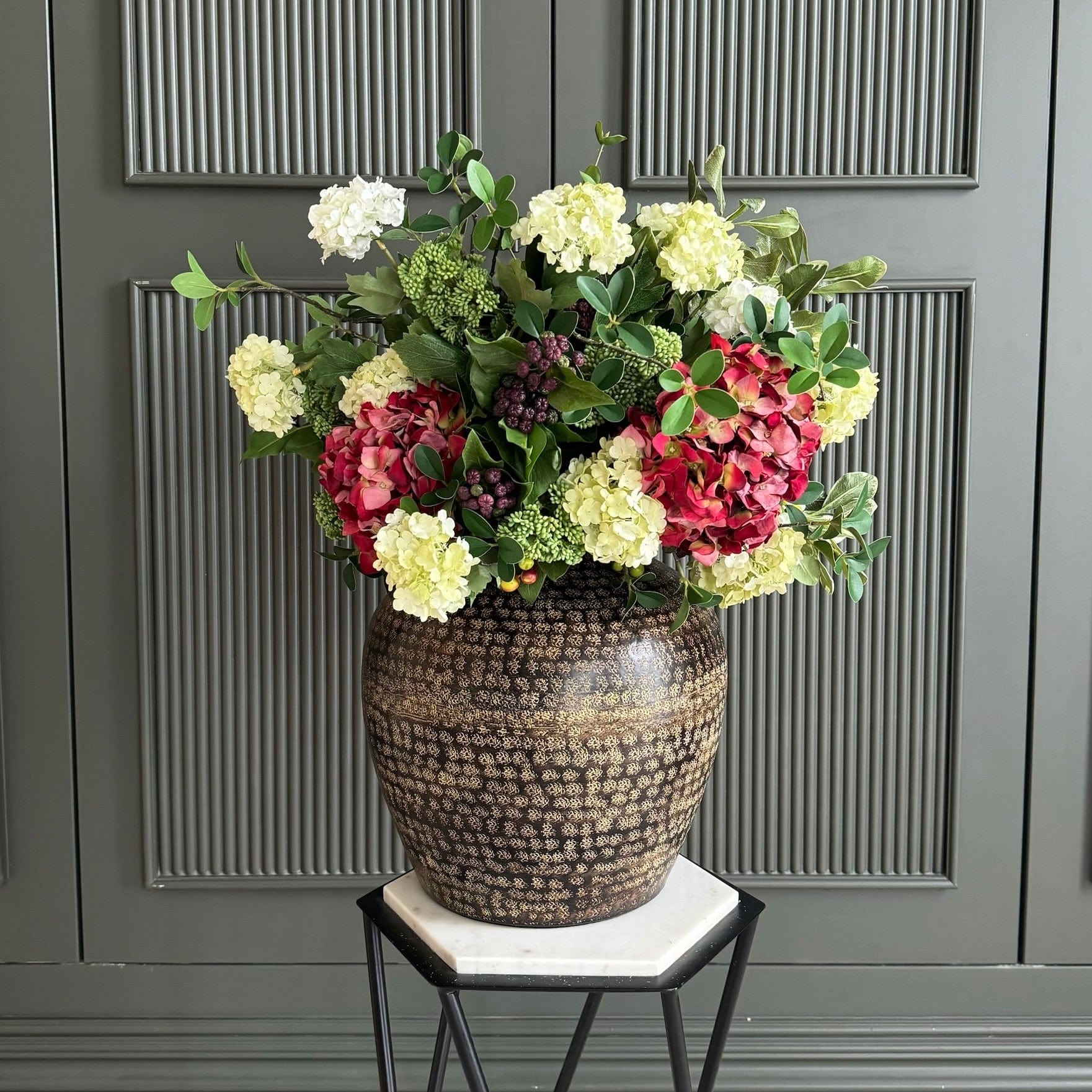 Artificial flowers luxury lifelike faux Red Autumnal Aura Bouquet realistic silk bouquet buy online from The Faux Flower Company