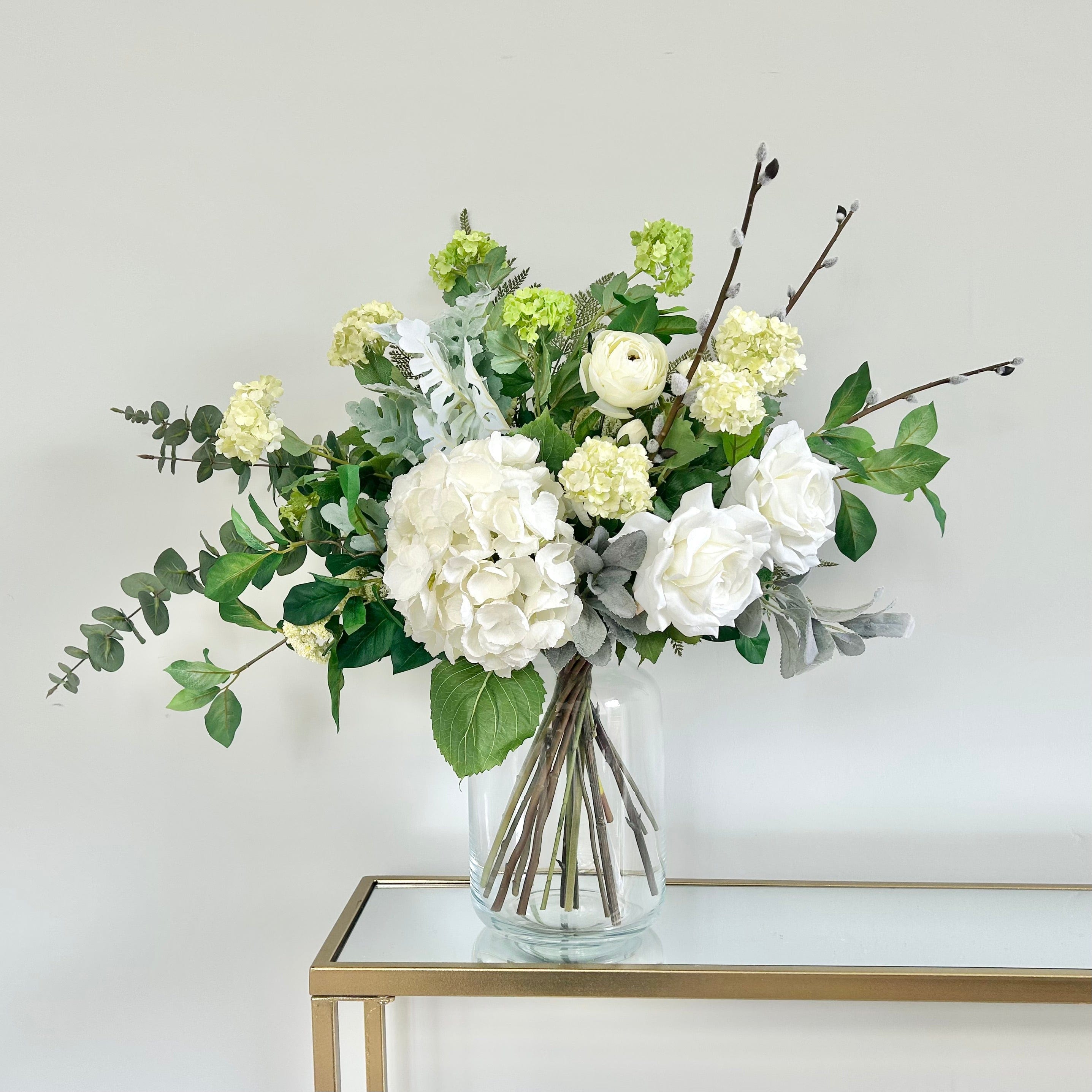 Artificial flowers luxury lifelike faux Rose Above It Artificial Flower Arrangement & Large Clear Funnel Neck Vase Set realistic silk Bundle buy online from The Faux Flower Company ROSE AR + ABV2253