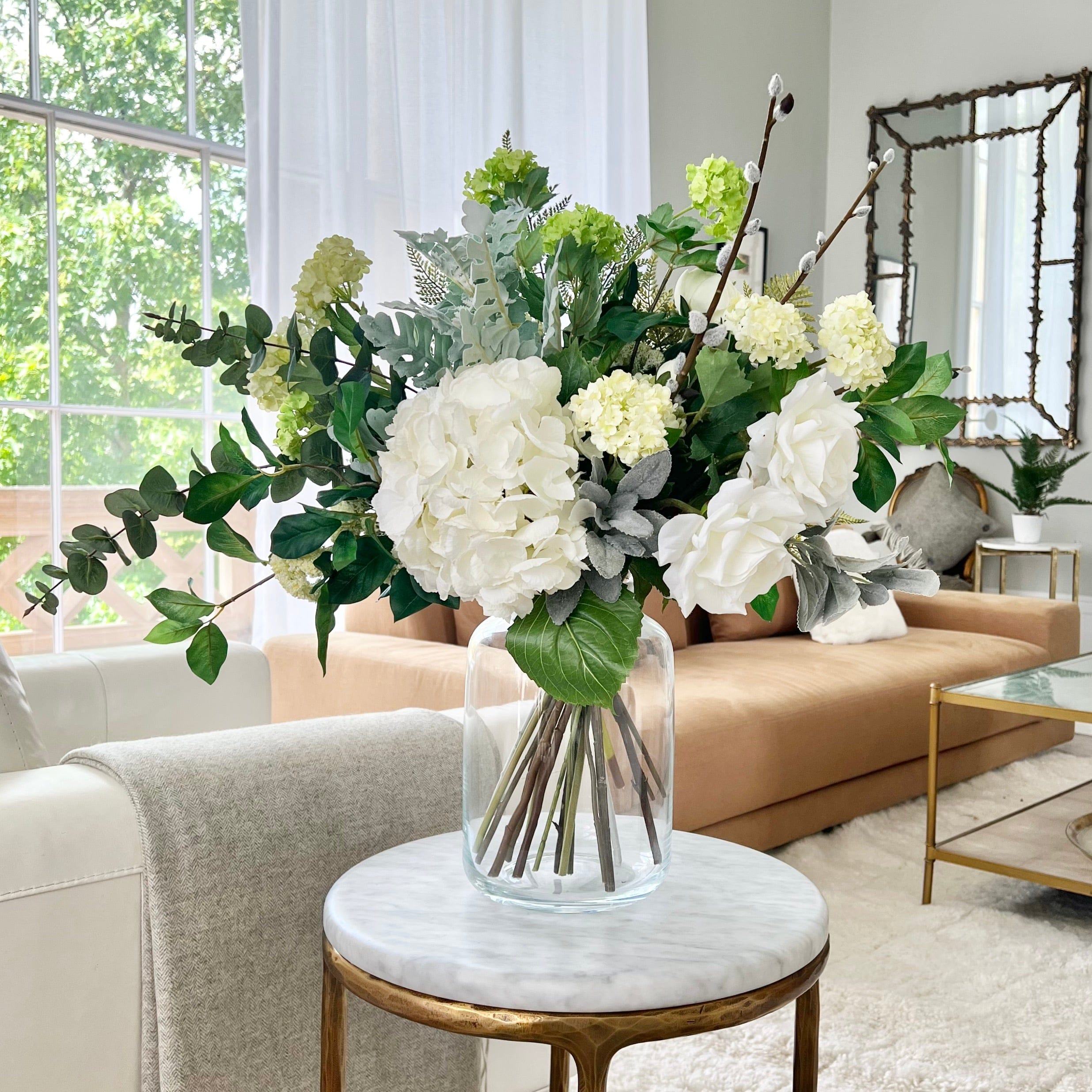 Artificial flowers luxury lifelike faux Rose Above It Artificial Flower Arrangement & Large Clear Funnel Neck Vase Set realistic silk Bundle buy online from The Faux Flower Company ROSE AR + ABV2253