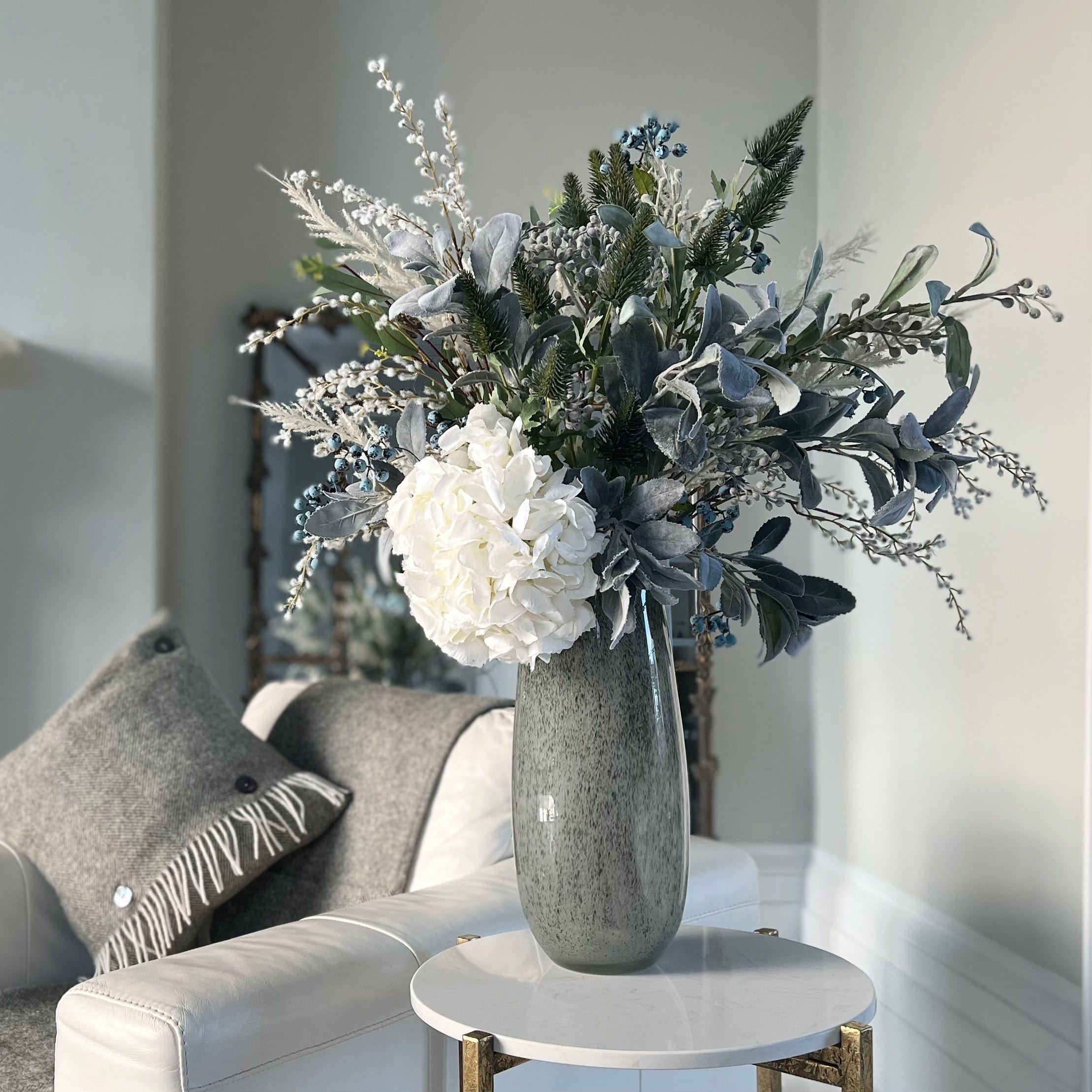 Artificial flowers luxury lifelike faux Sage and Silver Artificial Flower Arrangement & Grey Vase Set realistic silk Bundle buy online from The Faux Flower Company FESTIVE AR WH + ABV2253