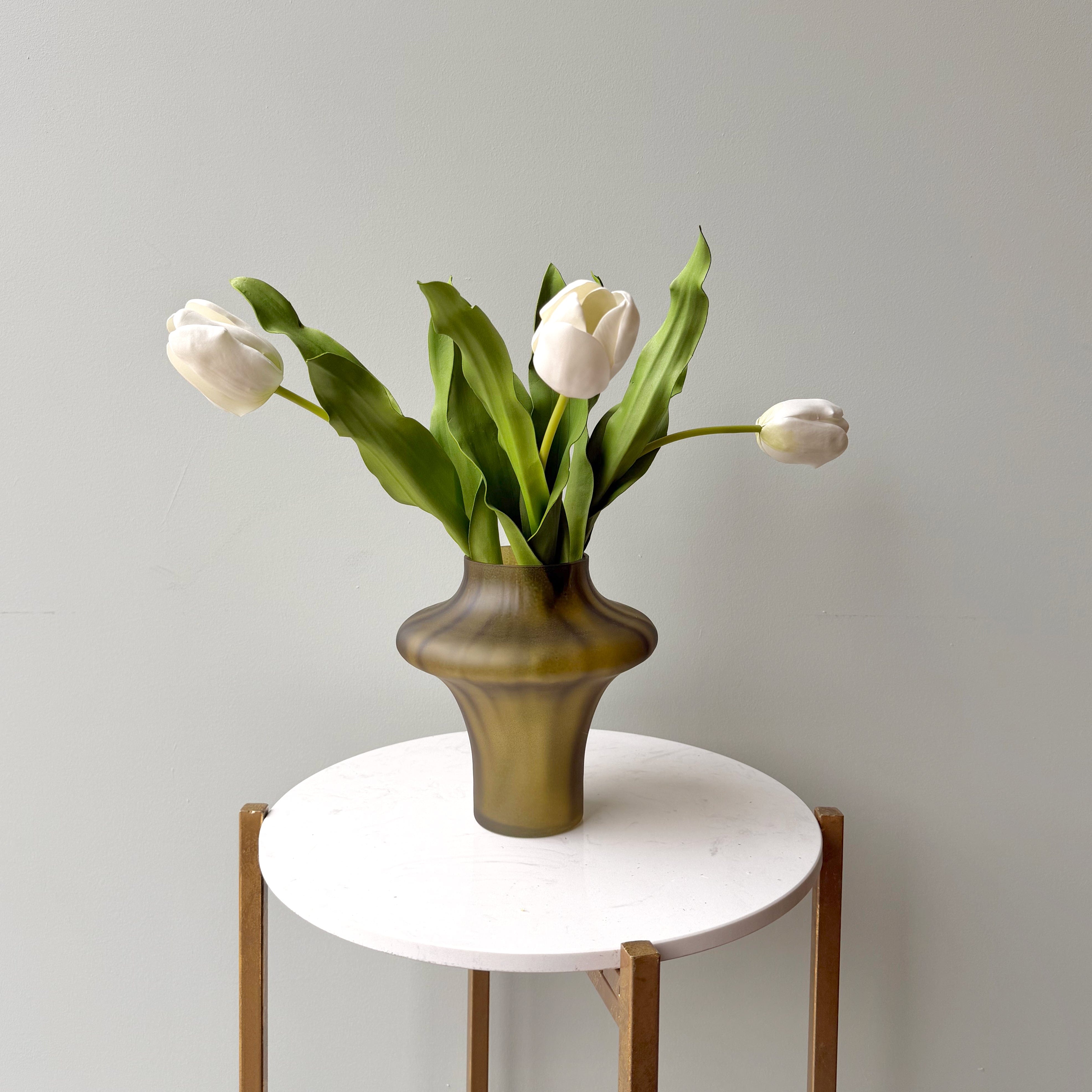 Artificial flowers luxury lifelike faux Smokey Olive Glass Sculptured Vase realistic silk buy online from The Faux Flower Company AHCH-0880