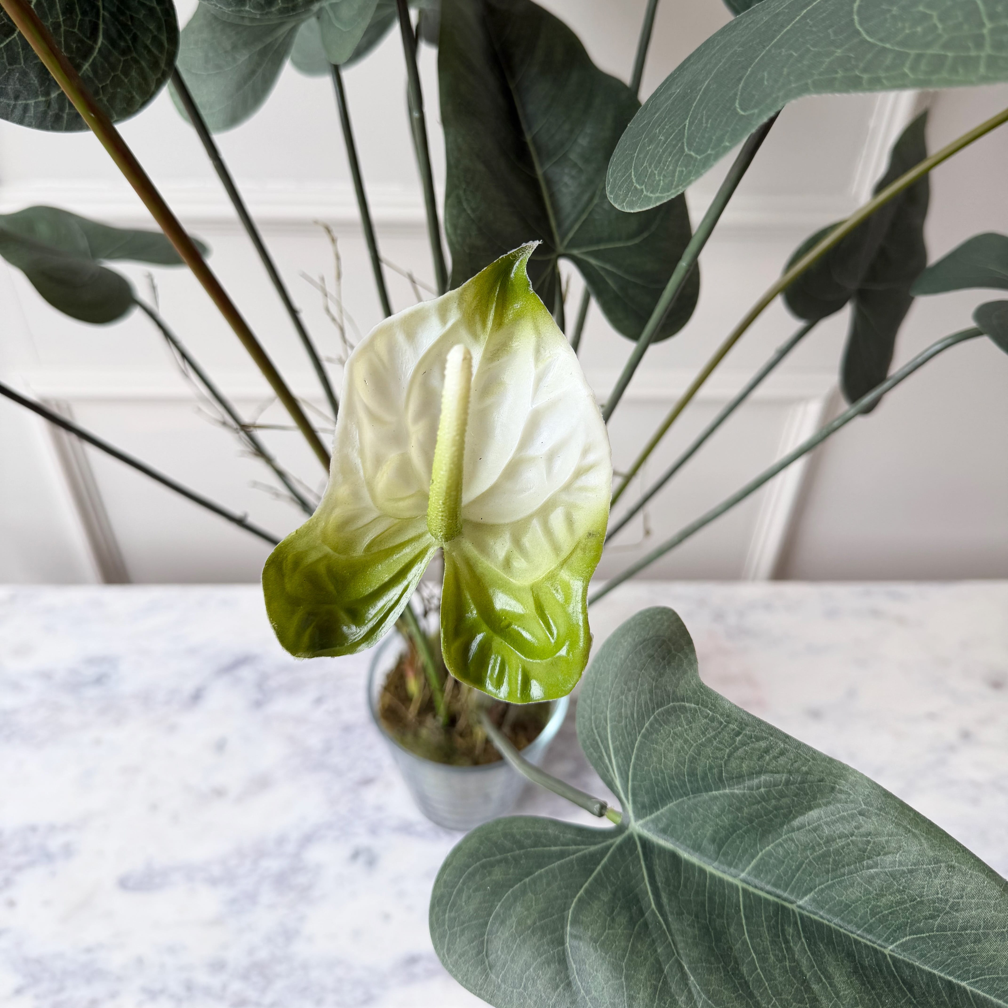 Realistic Artificial Large Anthurium 'Laceleaf' Plant in Glass Pot AHCH-3082 by The Faux Flower Company