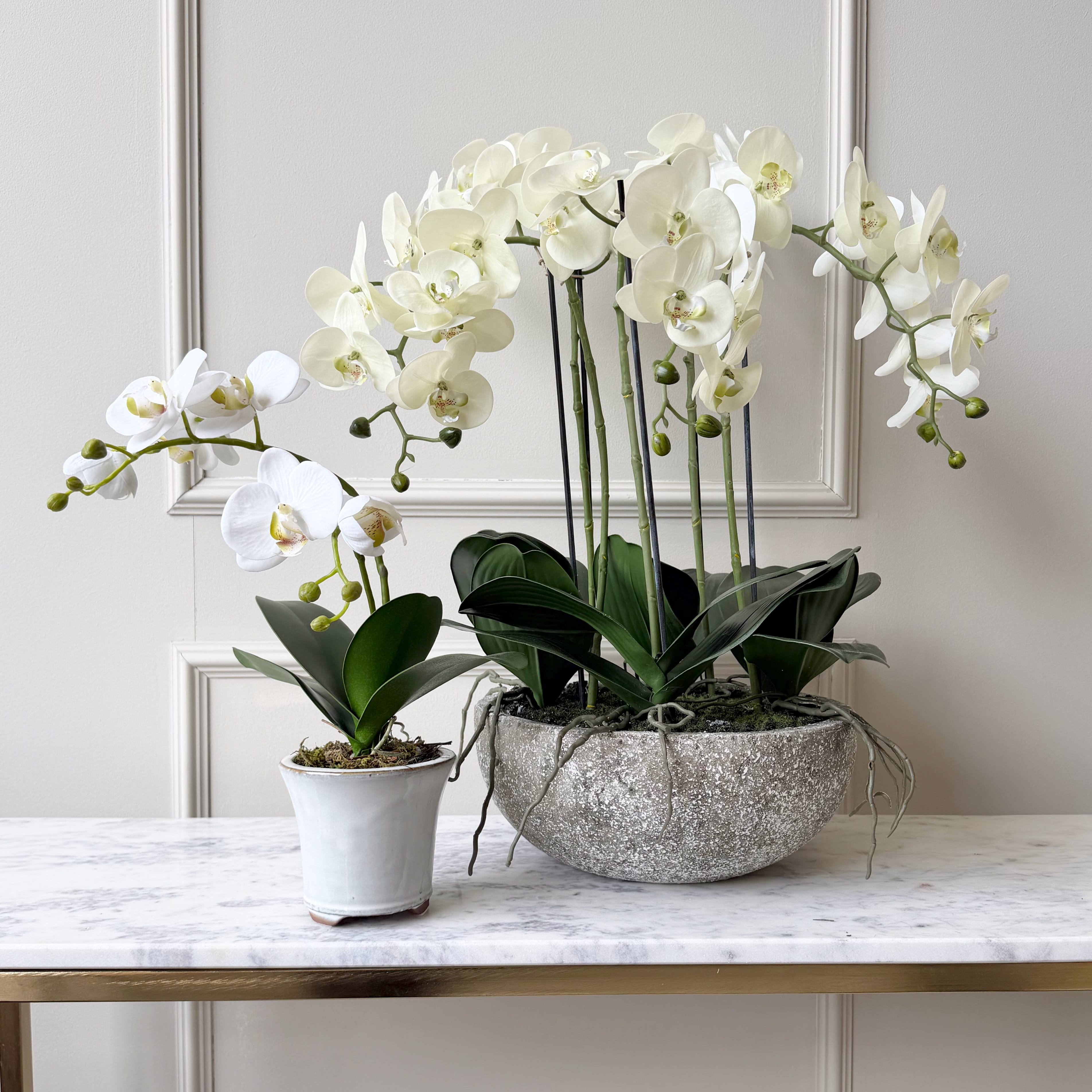 Realistic Artificial Large Cream Phalaenopsis Orchid in Stone-look Bowl AHCH-1700 by The Faux Flower Company