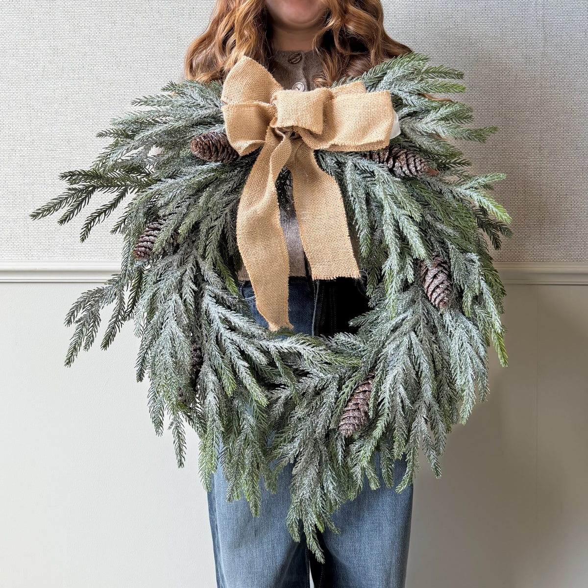 Realistic Artificial Large Frosted Fir Wreath With Rustic Bow AHCH-3167 by The Faux Flower Company