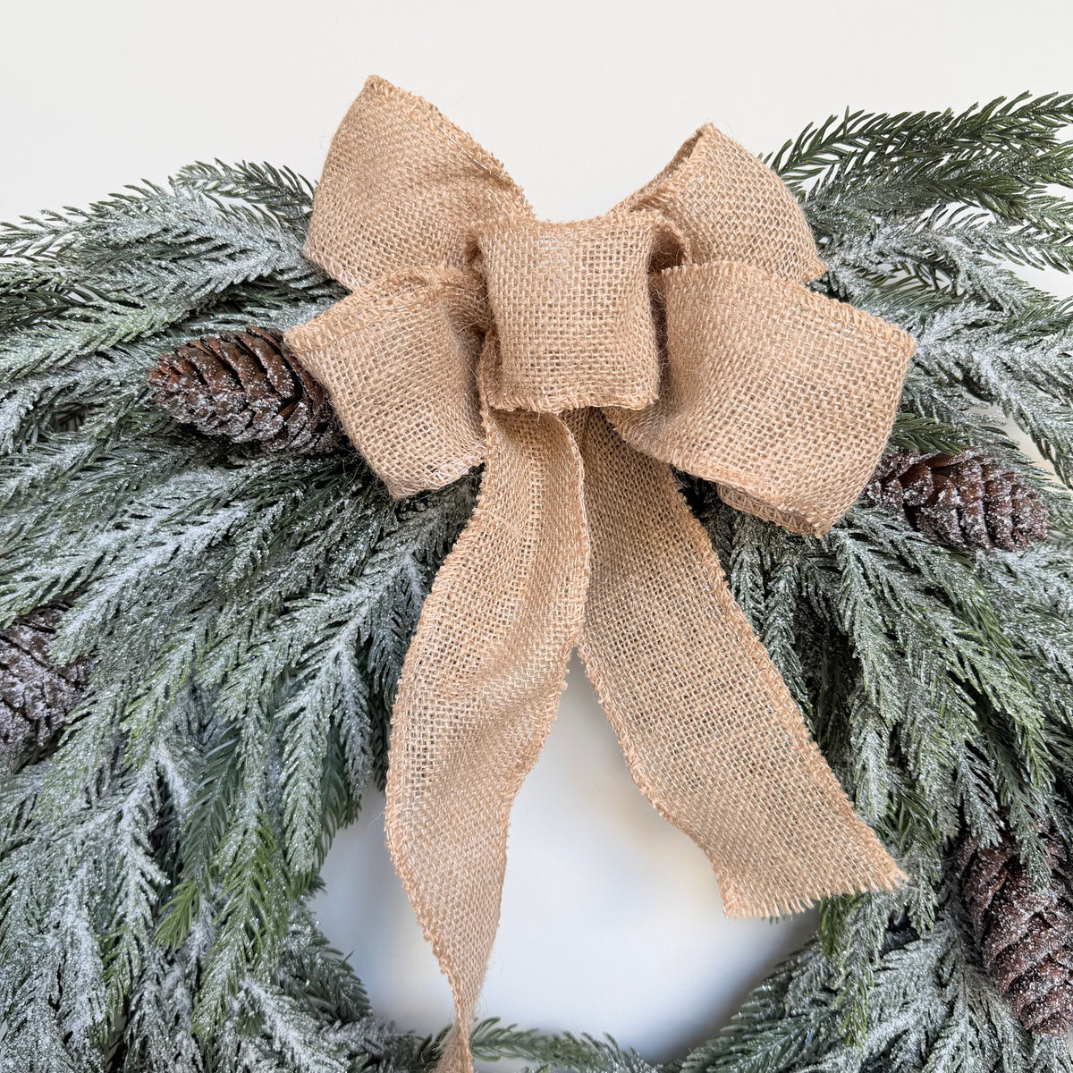 Realistic Artificial Large Frosted Fir Wreath With Rustic Bow AHCH-3167 by The Faux Flower Company