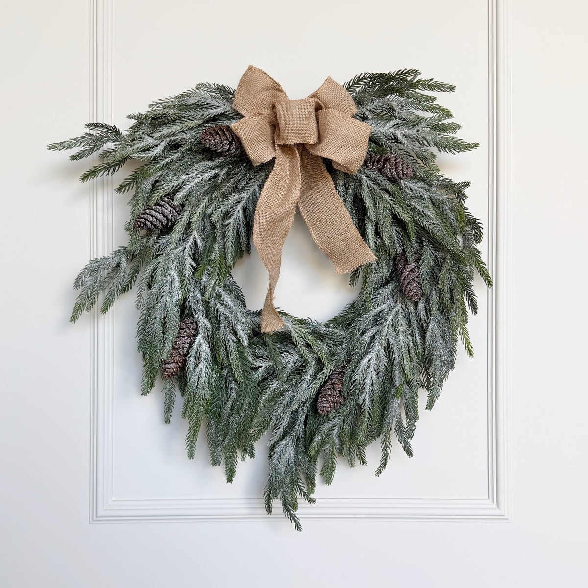 Realistic Artificial Large Frosted Fir Wreath With Rustic Bow AHCH-3167 by The Faux Flower Company