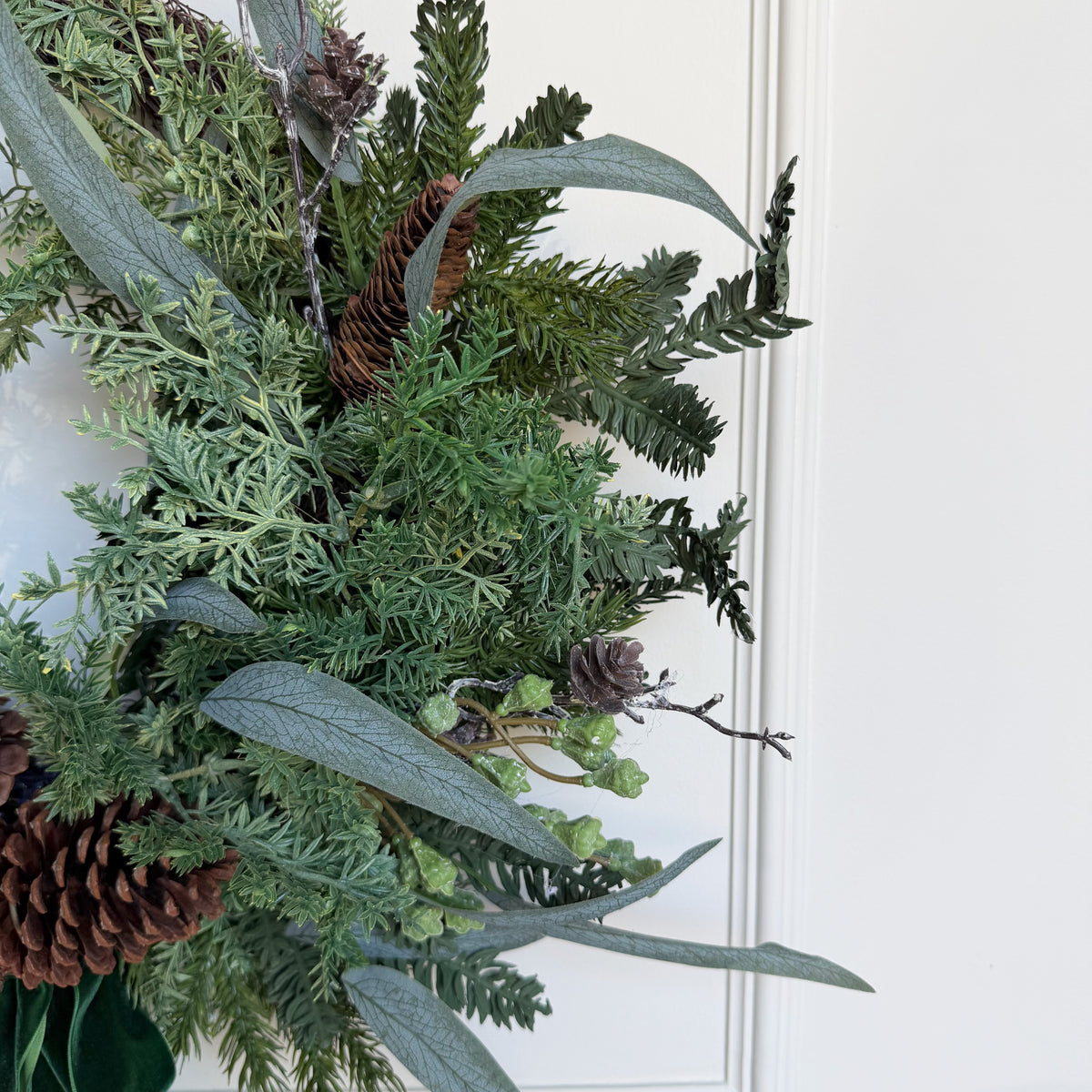 Realistic Artificial Large Woodland Pine Wreath With Green Velvet Bow AHCH-0328 by The Faux Flower Company