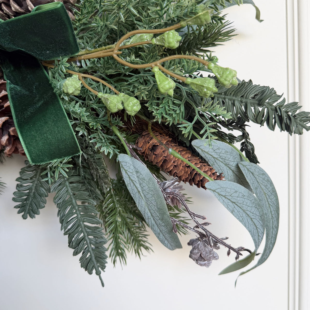 Realistic Artificial Woodland Pine Swag With Green Velvet Bow AHCH-0327 by The Faux Flower Company