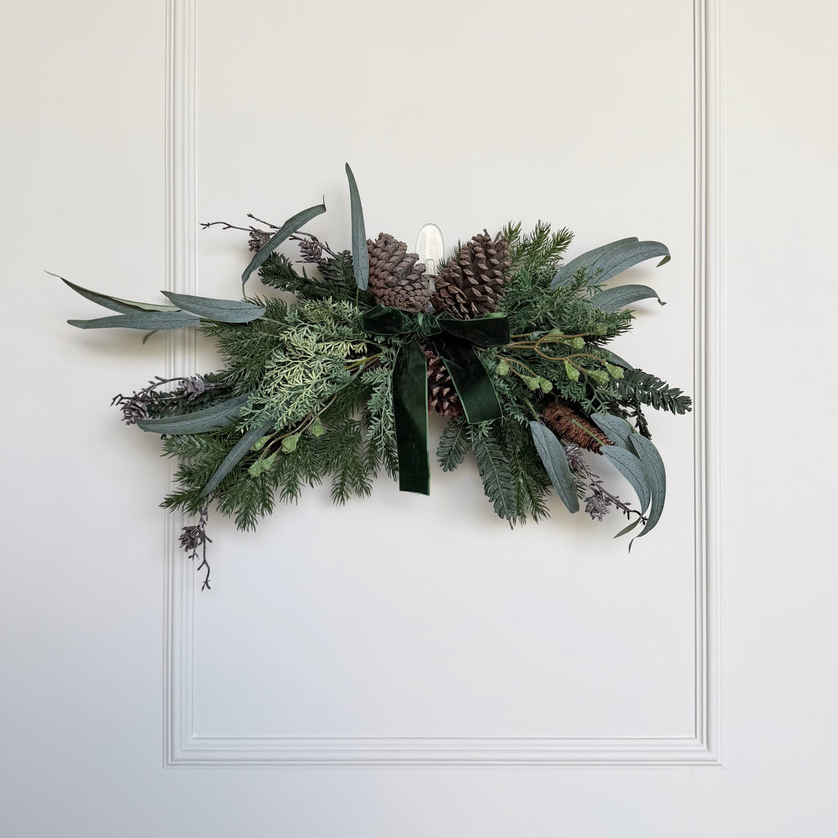 Realistic Artificial Woodland Pine Swag With Green Velvet Bow AHCH-0327 by The Faux Flower Company