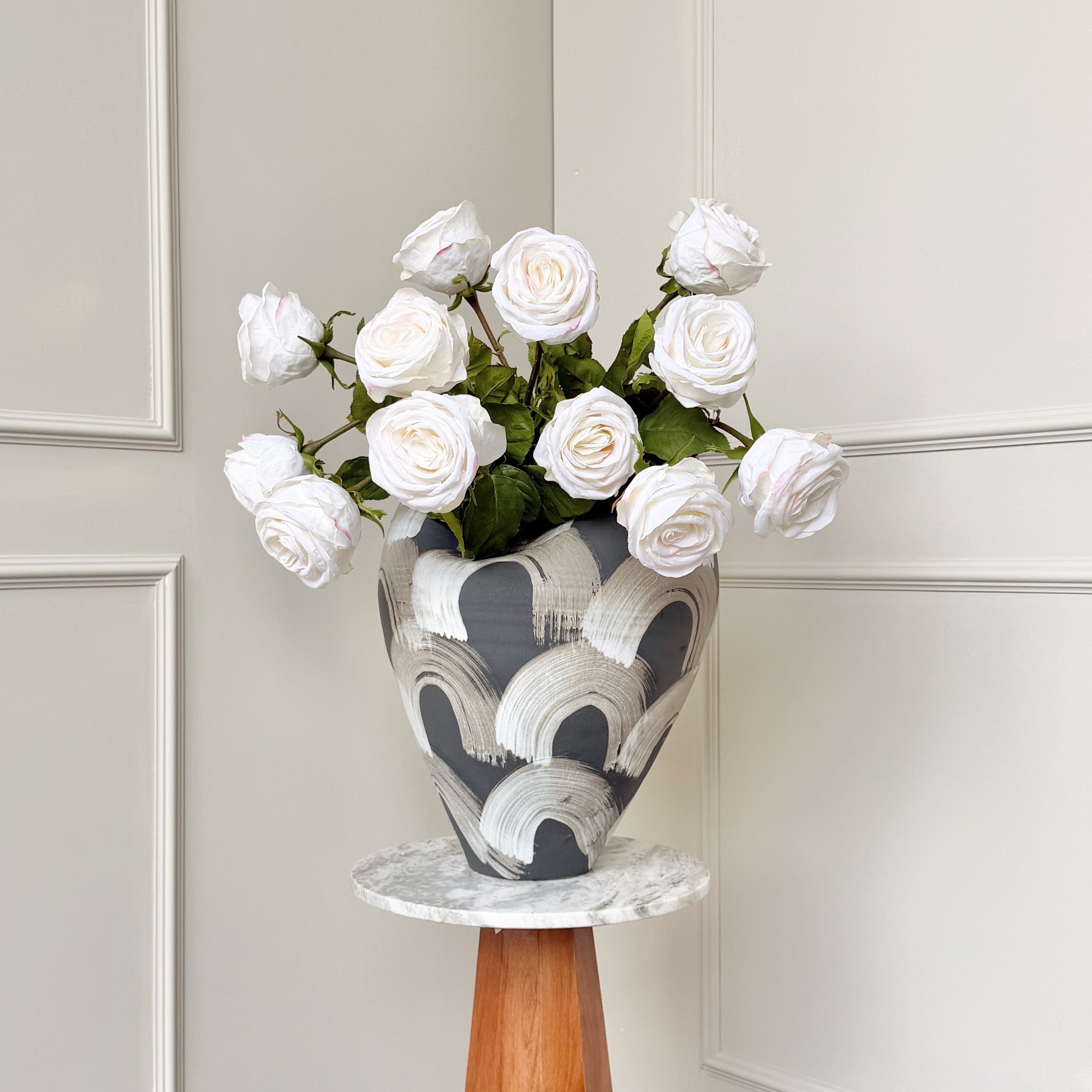 Realistic Deluxe Artificial White Large Rose Hand-Tied Bouquet by The Faux Flower Company