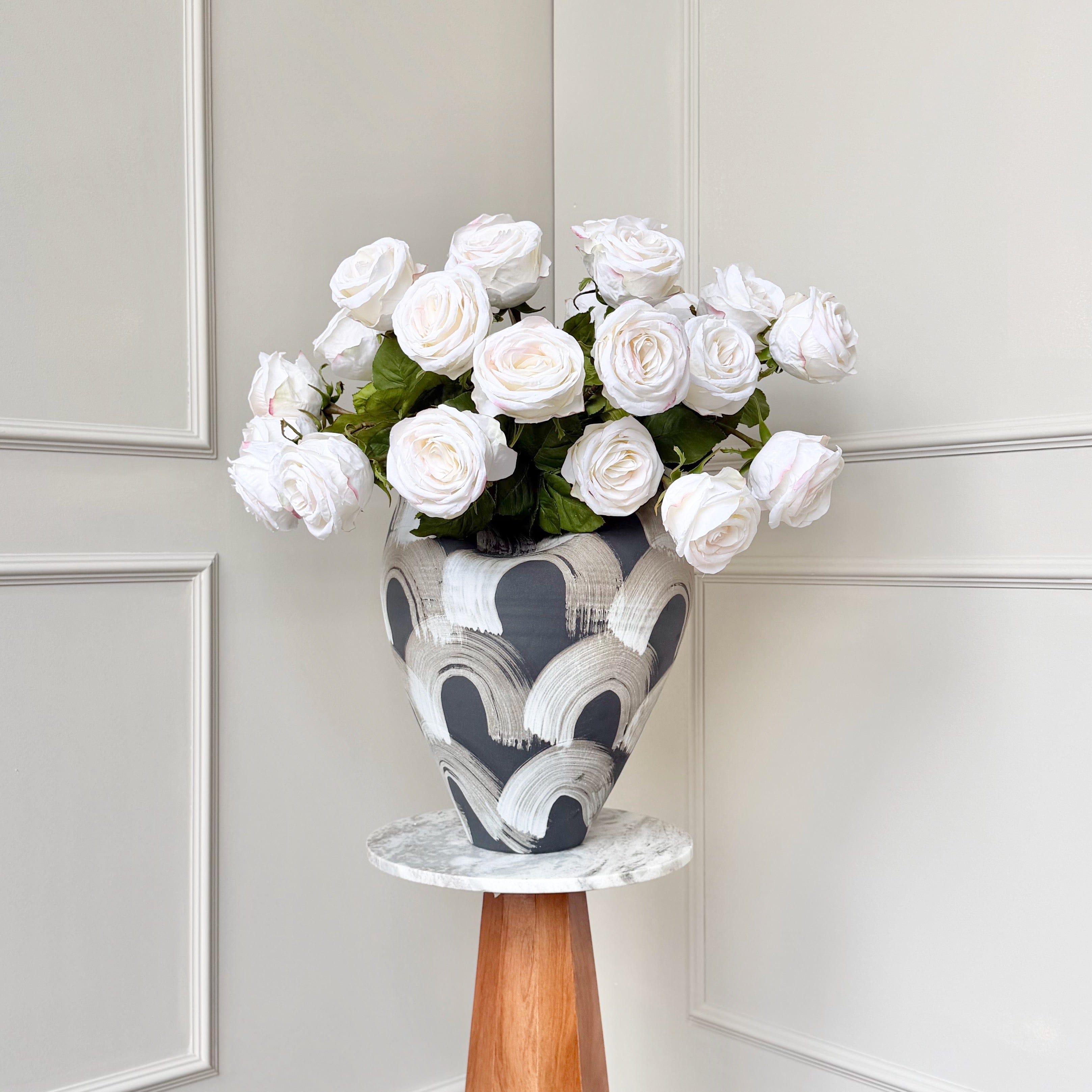 Realistic Deluxe Artificial White Large Rose Hand-Tied Bouquet by The Faux Flower Company