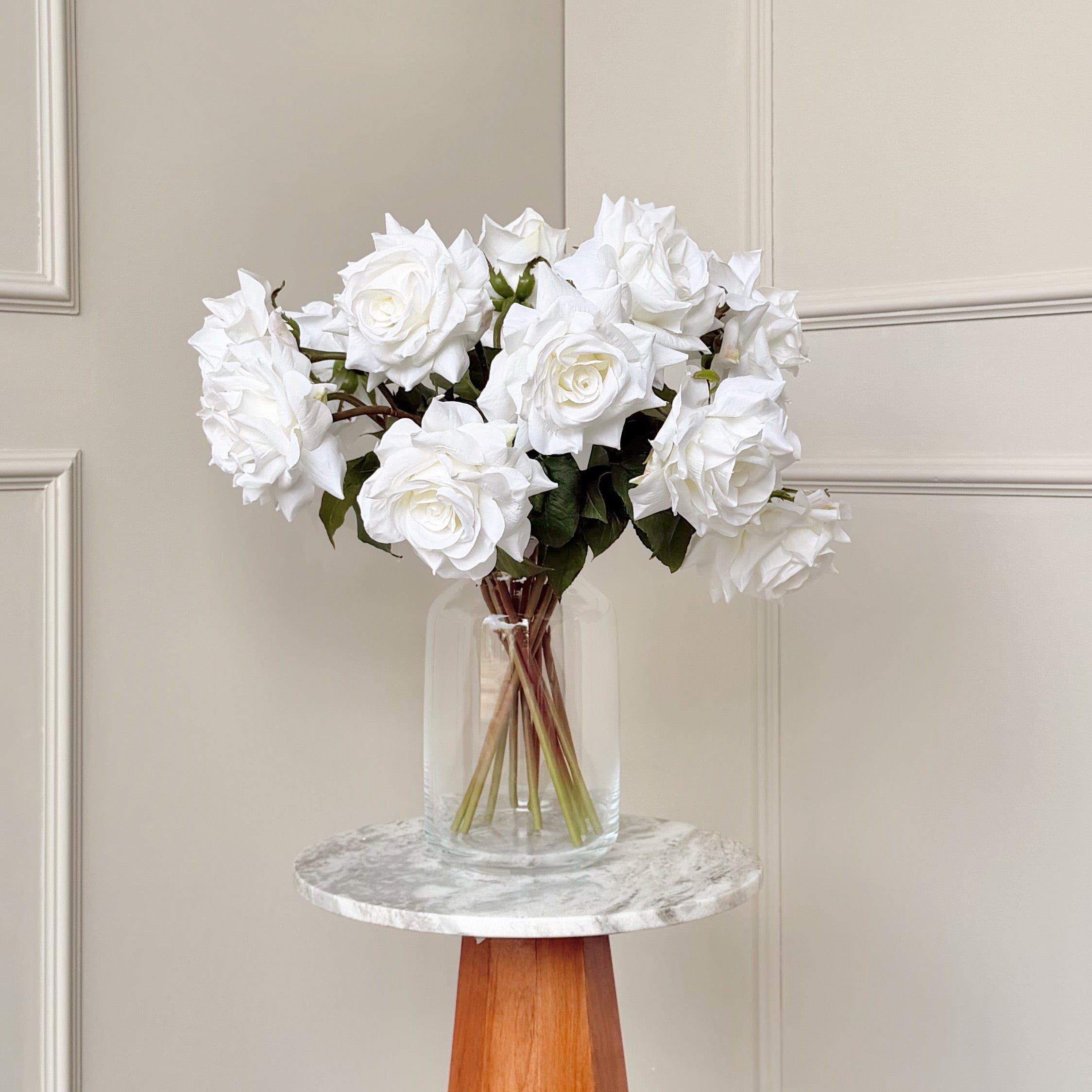 Realistic Deluxe Artificial White Tea Rose Hand-Tied Bouquet by The Faux Flower Company