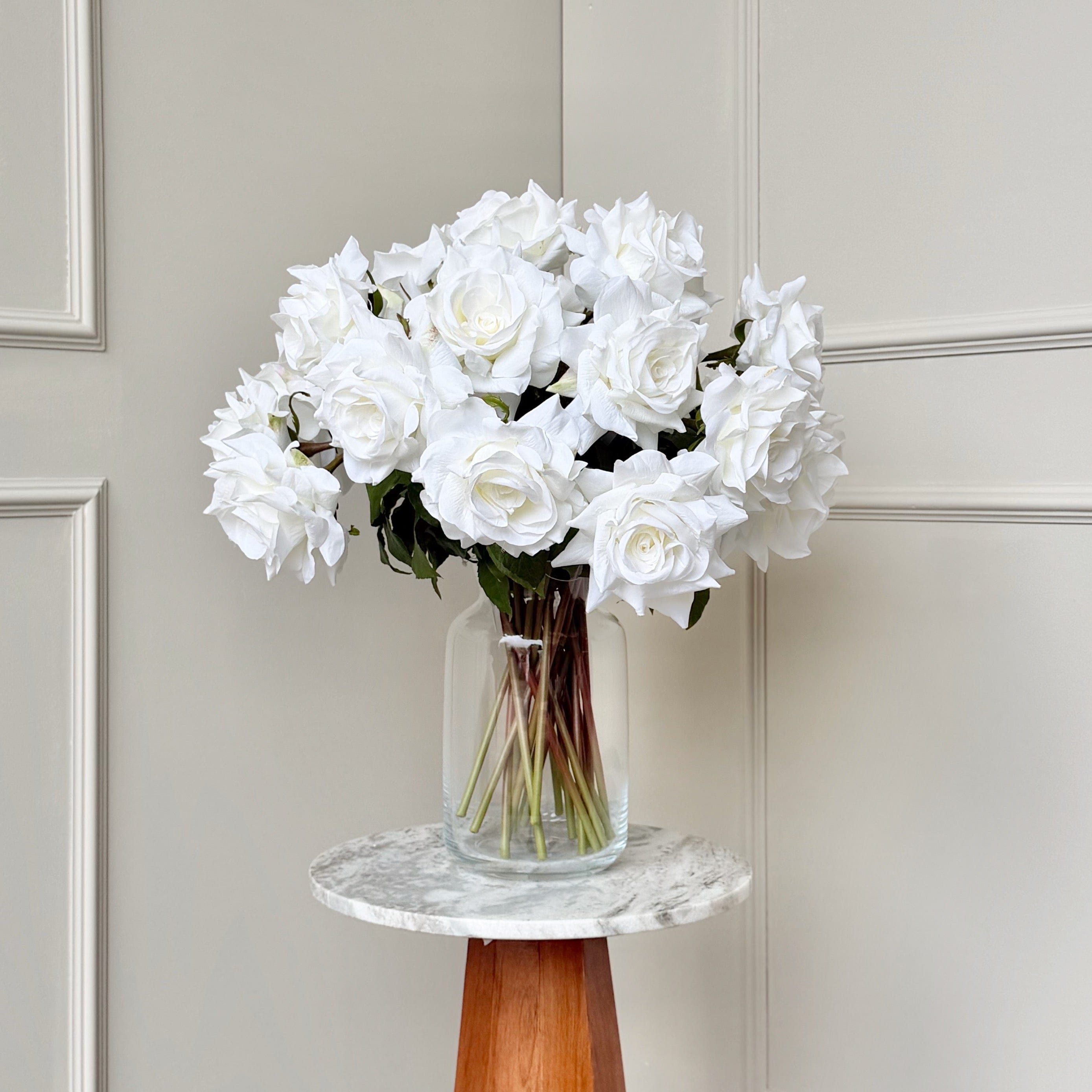 Realistic Deluxe Artificial White Tea Rose Hand-Tied Bouquet by The Faux Flower Company