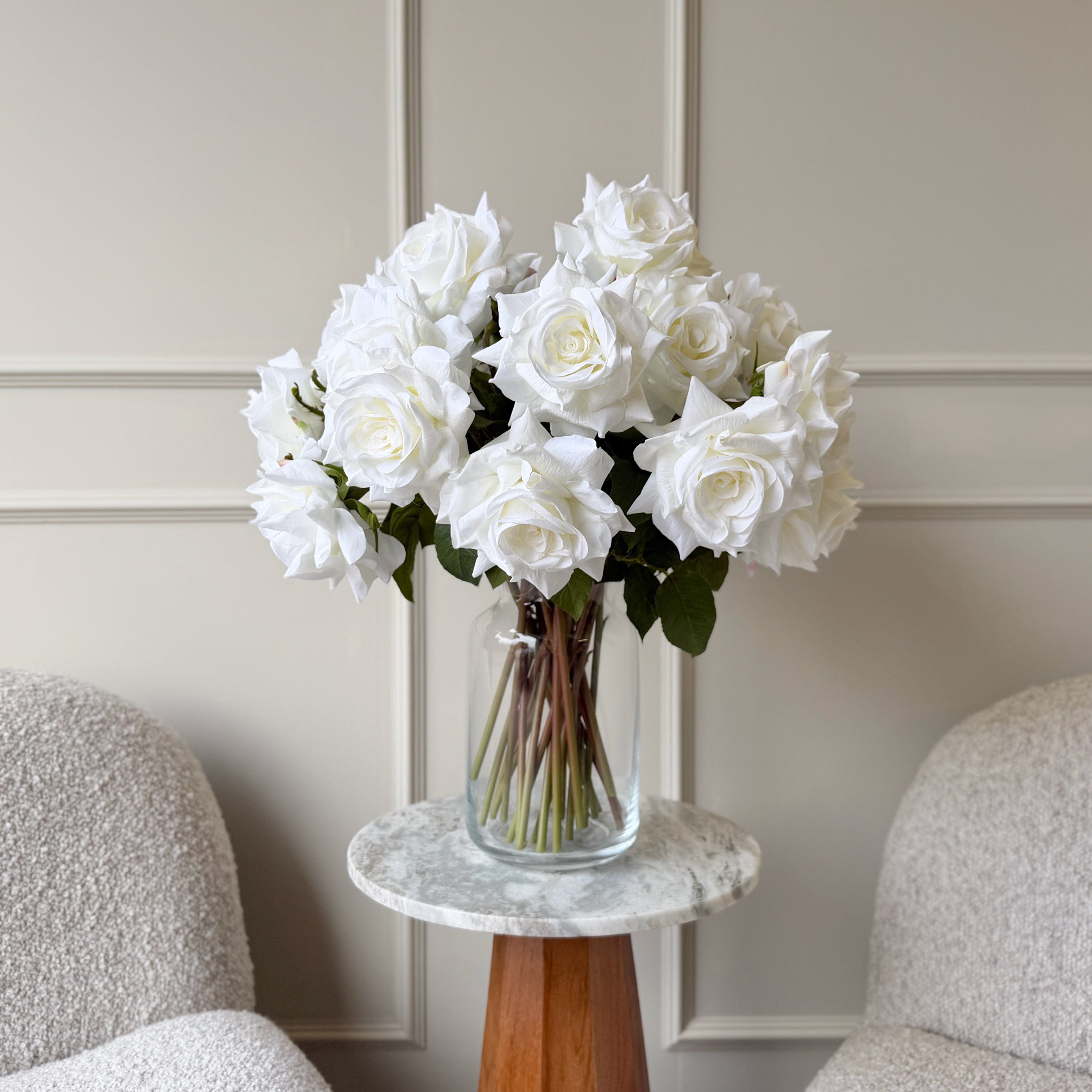 Realistic Deluxe Artificial White Tea Rose Hand-Tied Bouquet by The Faux Flower Company