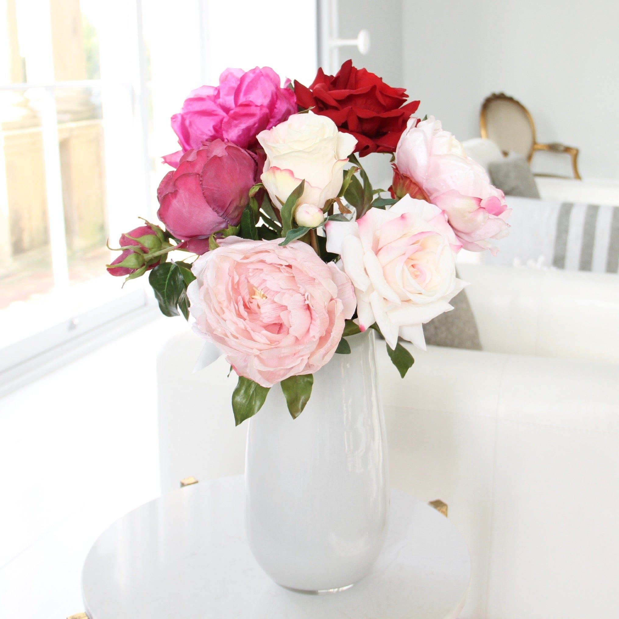 Artificial flowers luxury faux pink red roses and peonies lifelike realistic faux flowers buy online from Amaranthine Blooms UK shades of love bouquet