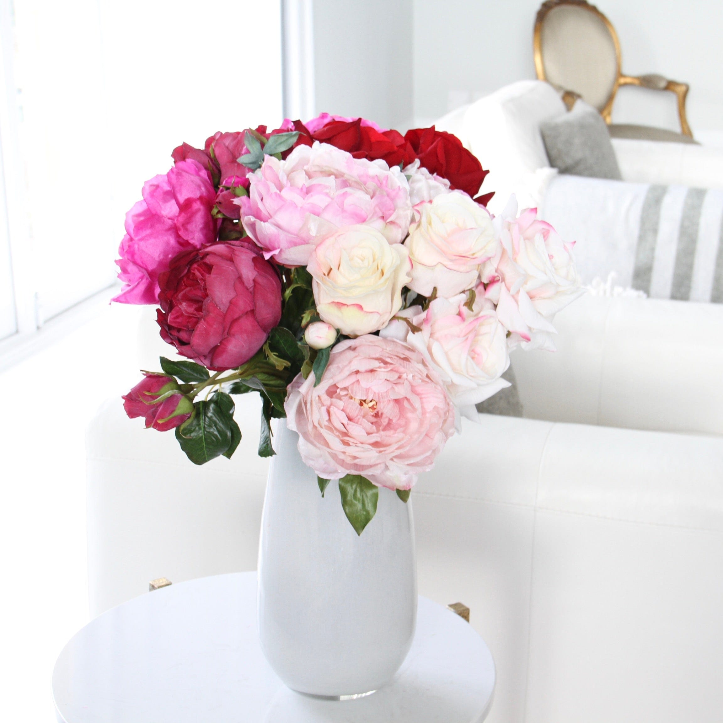 Artificial flowers luxury faux pink red roses and peonies lifelike realistic faux flowers buy online from Amaranthine Blooms UK shades of love bouquet