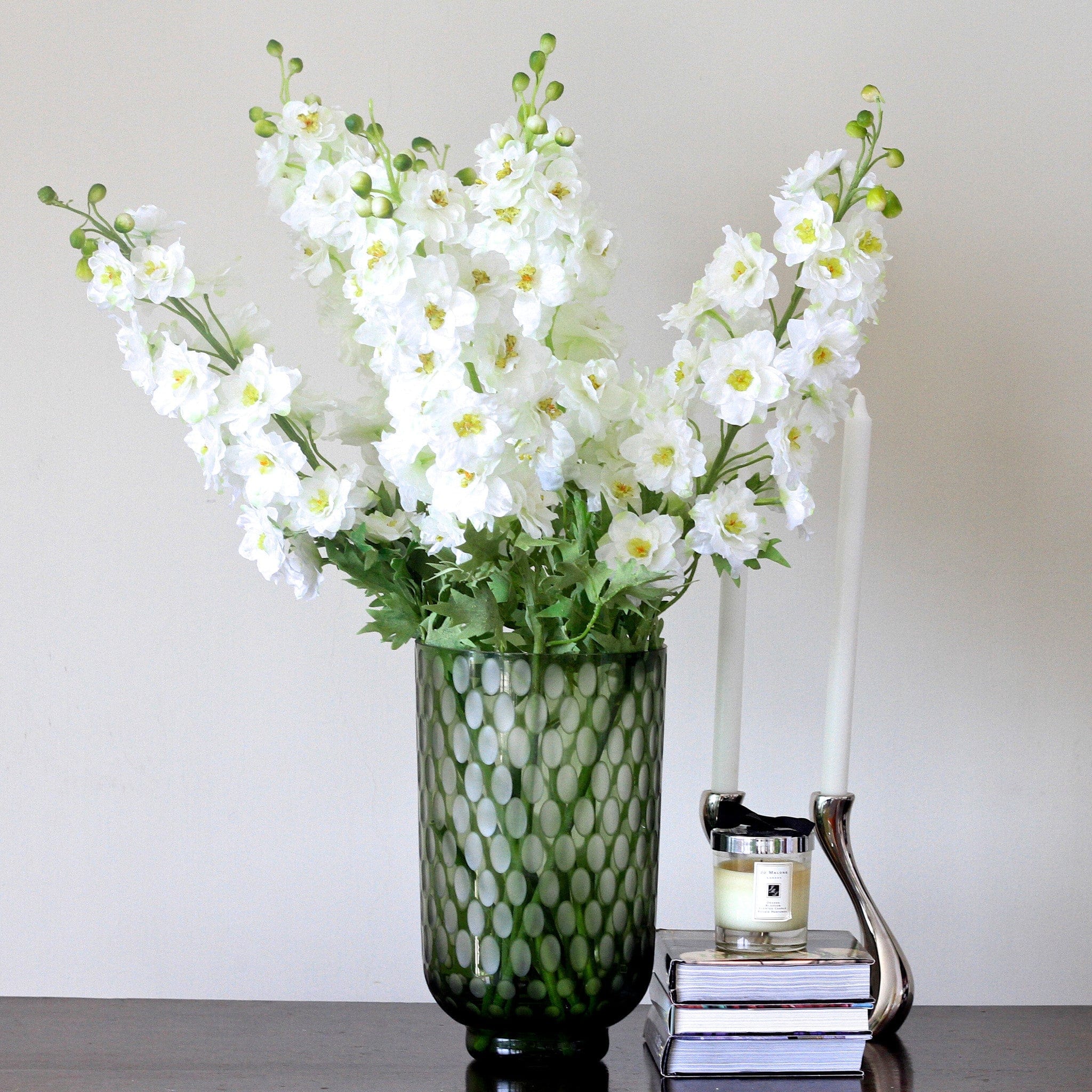 Artificial flowers luxury lifelike faux Artificial White Tall Delphinium realistic silk single stems buy online from The Faux Flower Company