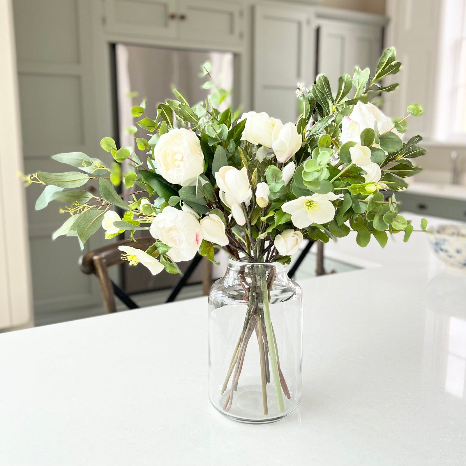 Realistic Foliage and White Flowers Arrangement Bouquet Kit A by The Faux Flower Company