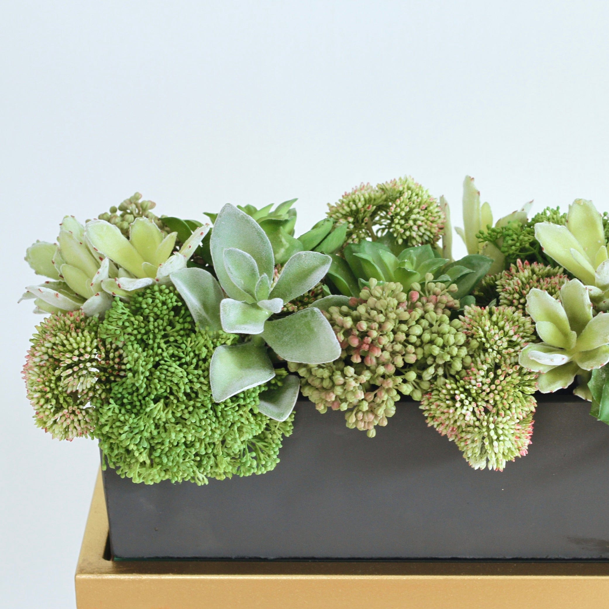 Artificial flowers luxury lifelike faux Green Succulent & Skimmia Arrangement realistic silk Plants buy online from The Faux Flower Company AHCH-803